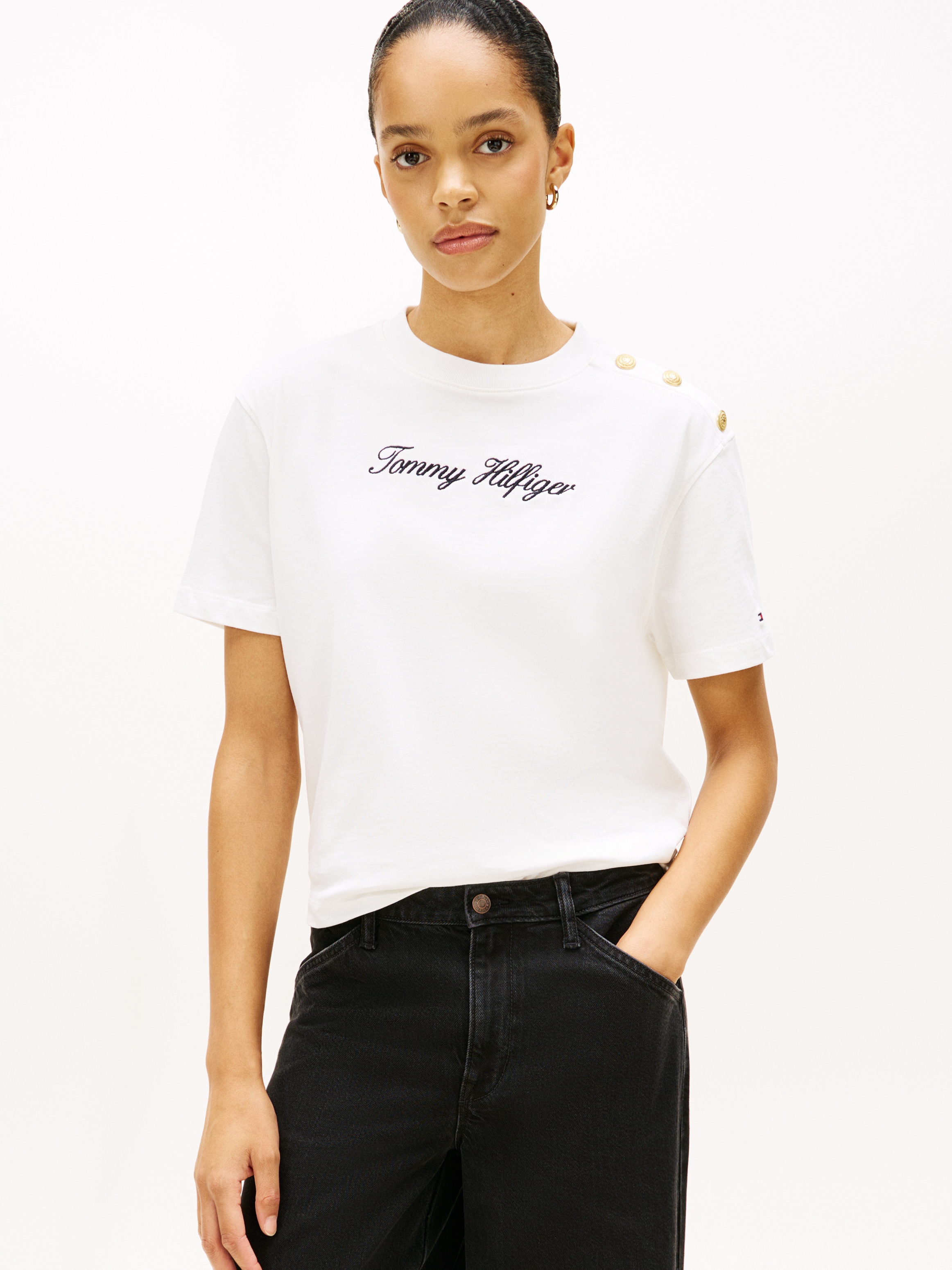 Tommy Hilfiger Kurzarmshirt "GOLD BTN SCRIPT MDRN SS TEE" mit goldfarbenen günstig online kaufen