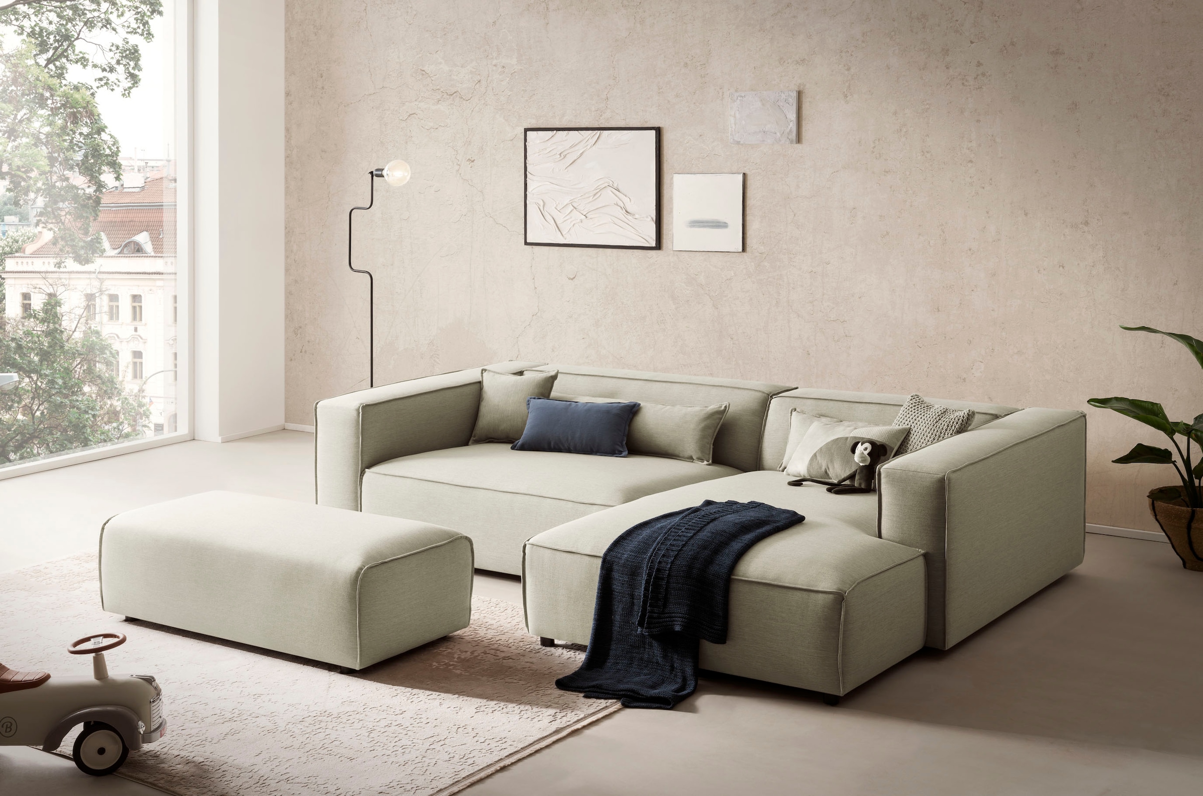 LeGer Home by Lena Gercke Polsterecke »PIARA XXL, L-Form mit Schlaffunktion, Big-Sofa in Cord o. Leinenoptik«, Hocker stellbar zum Schlafsofa (Krokodilverbinder), tiefe Sitzfläche