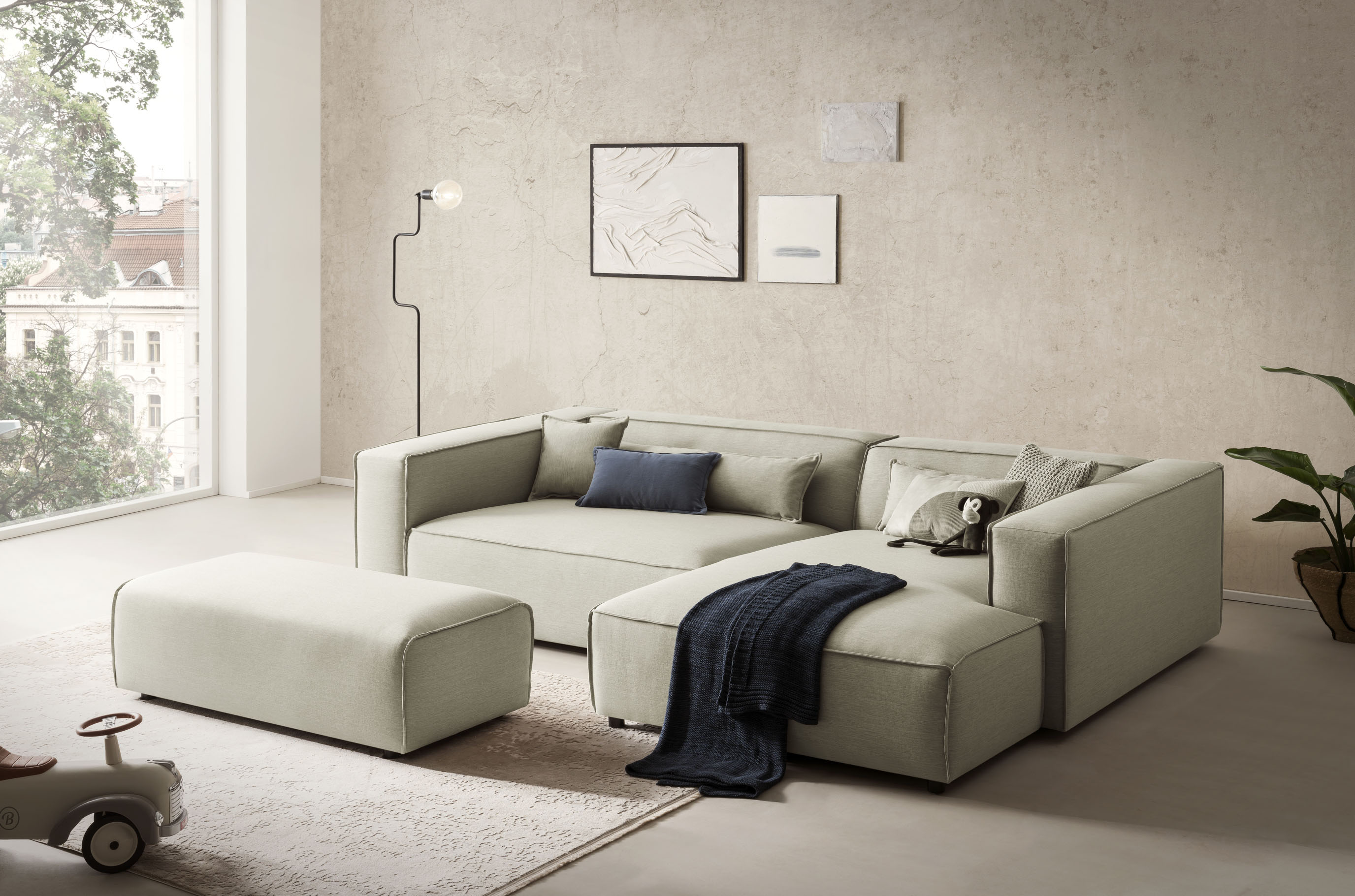 LeGer Home by Lena Gercke Ecksofa "PIARA XXL Struktur u. Leinenoptik, L-Form, Schlaffunktion" Hocker stellbar zum Schlafsofa (Krokodilverbinder), tiefe Sitzfläche
