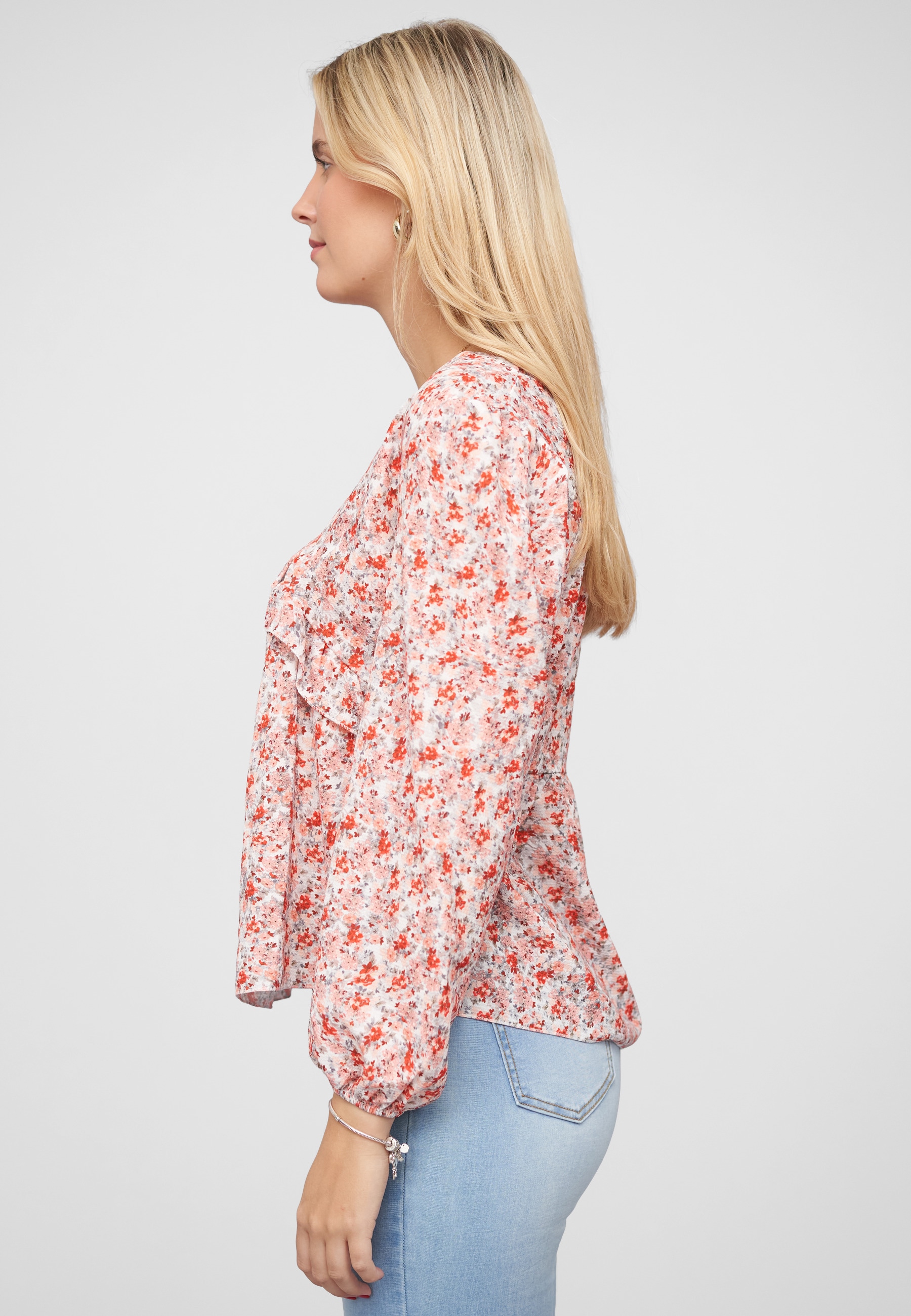CLOUD 5IVE Blusentop »CLOUD 5IVE V-Neck Bluse mit Rüschendetails und Blumen Print«