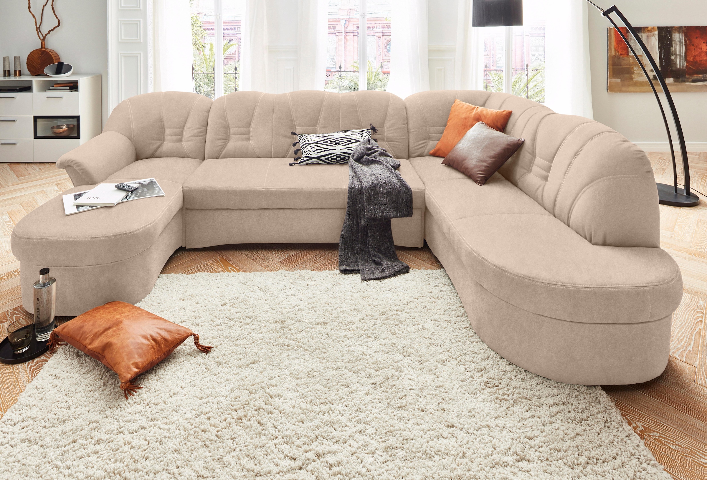 DOMO collection Wohnlandschaft "ELVA 293x180x84 cm, elegante Rückensteppung, U-Form" whlw. mit Bettfunktion und Federkern
