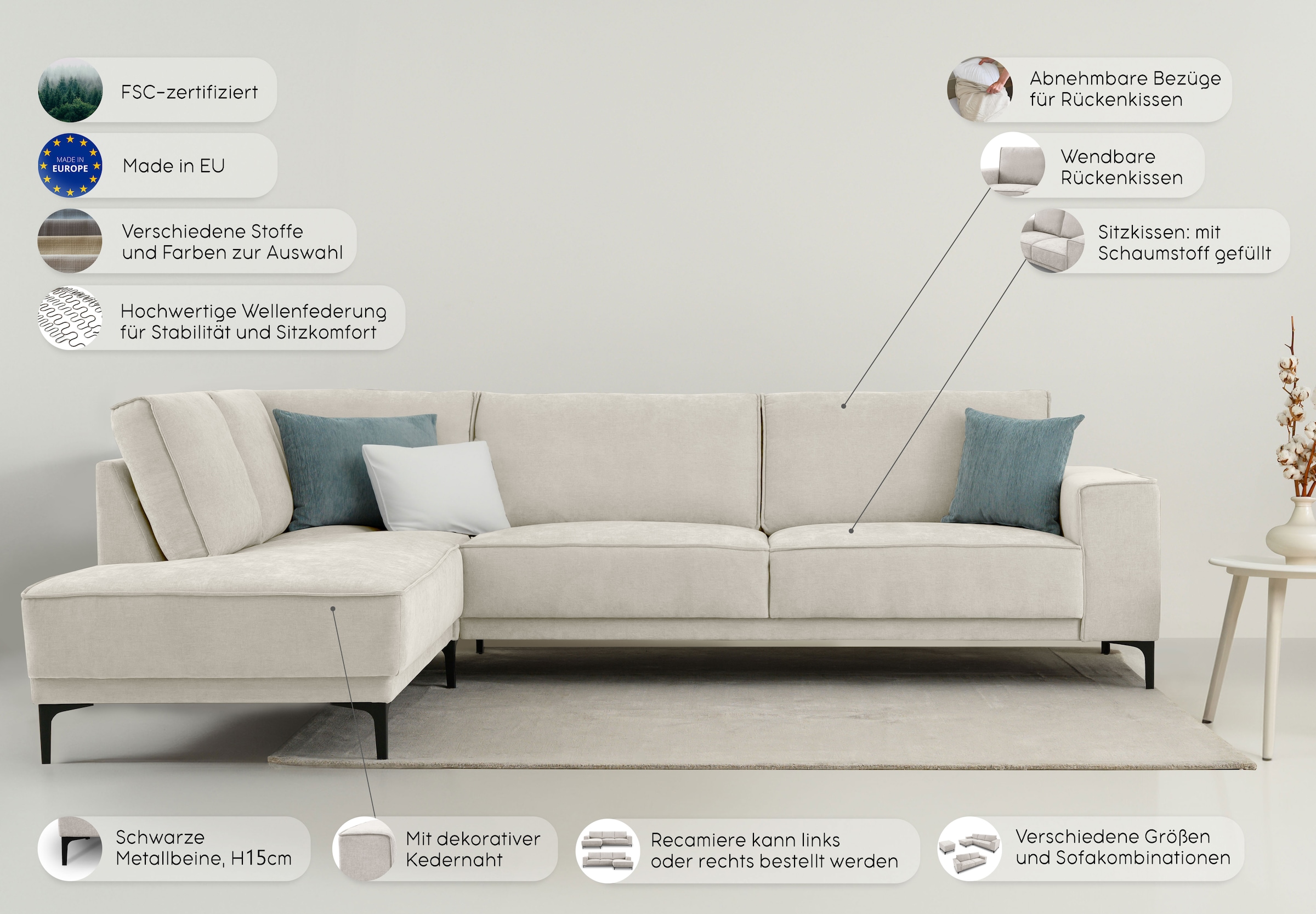 Places of Style Ecksofa »Oland«, L-Form, im zeitlosem Design und hochwertiger Verarbeitung