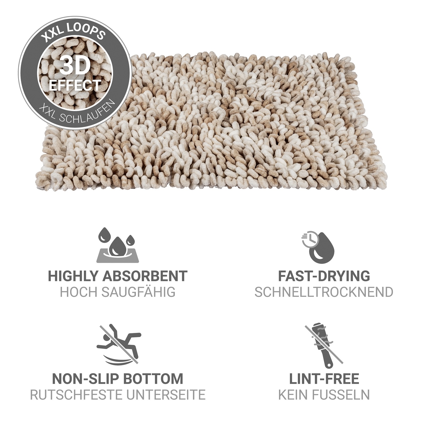 Thumbnail - WENKO Badematte "Lerici" Höhe 60 mm rutschhemmend beschichtet fusselfreier Badteppich, 3D-Struktur, hohe Feuchtigkeitsau...