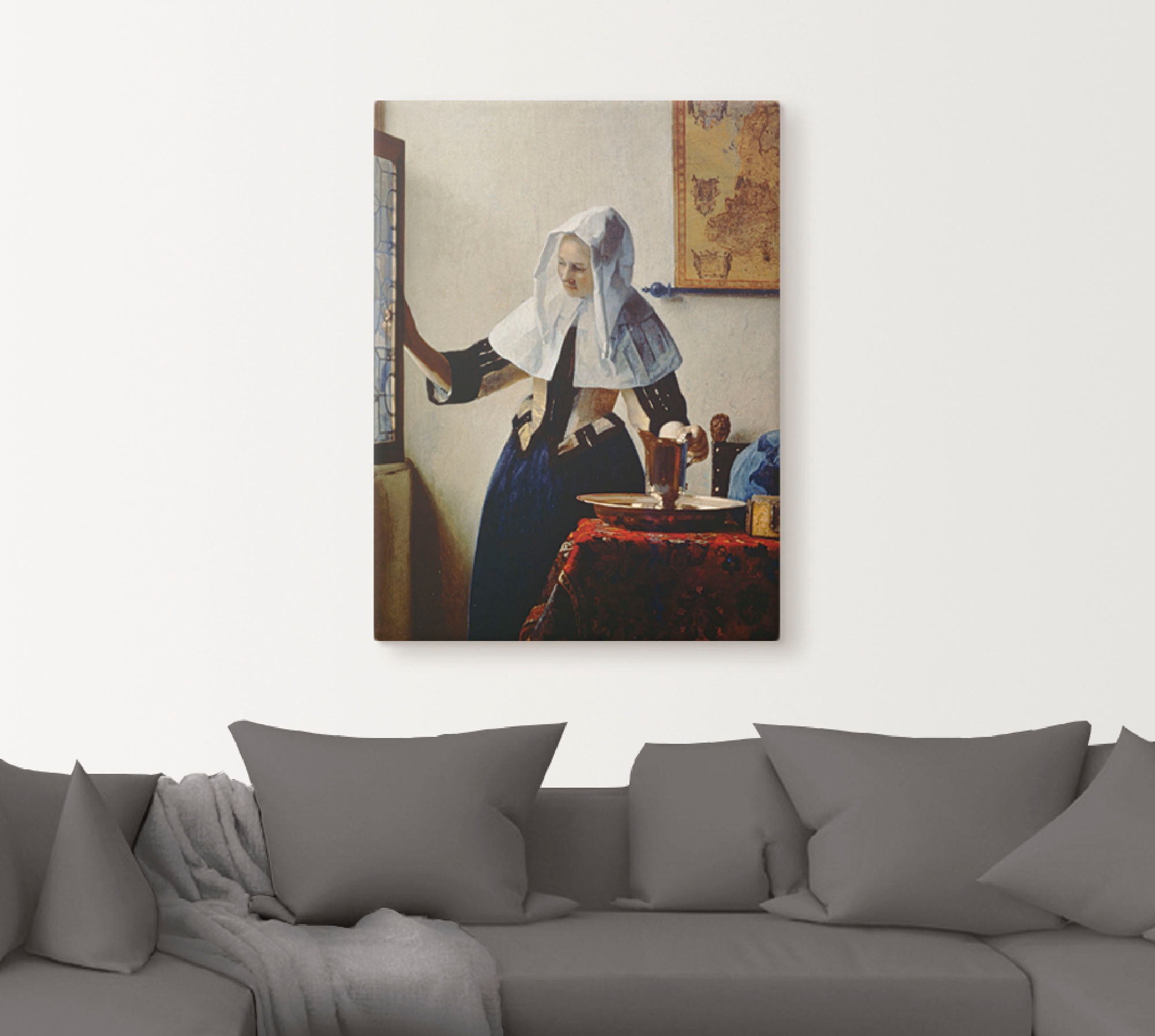 Artland Wandbild »Junge Frau mit Wasserkrug am Fenster«, Frau, (1 St.), als Leinwandbild, Wandaufkleber oder Poster in versch. Größen