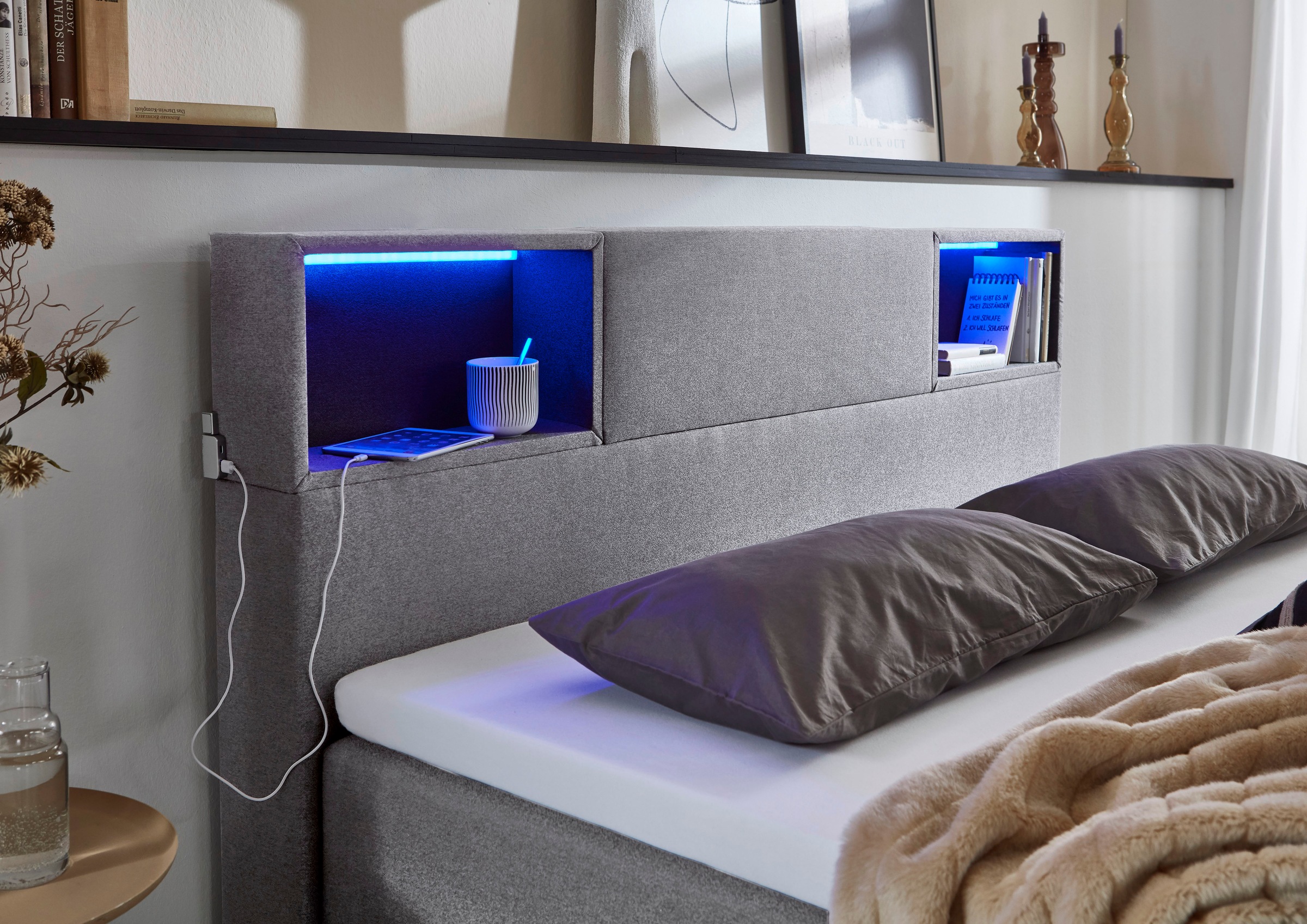meise.möbel Boxspringbett »Caja mit Bettkasten und Topper«, mit LED ausgestattetes Ablagefach im Kopfteil