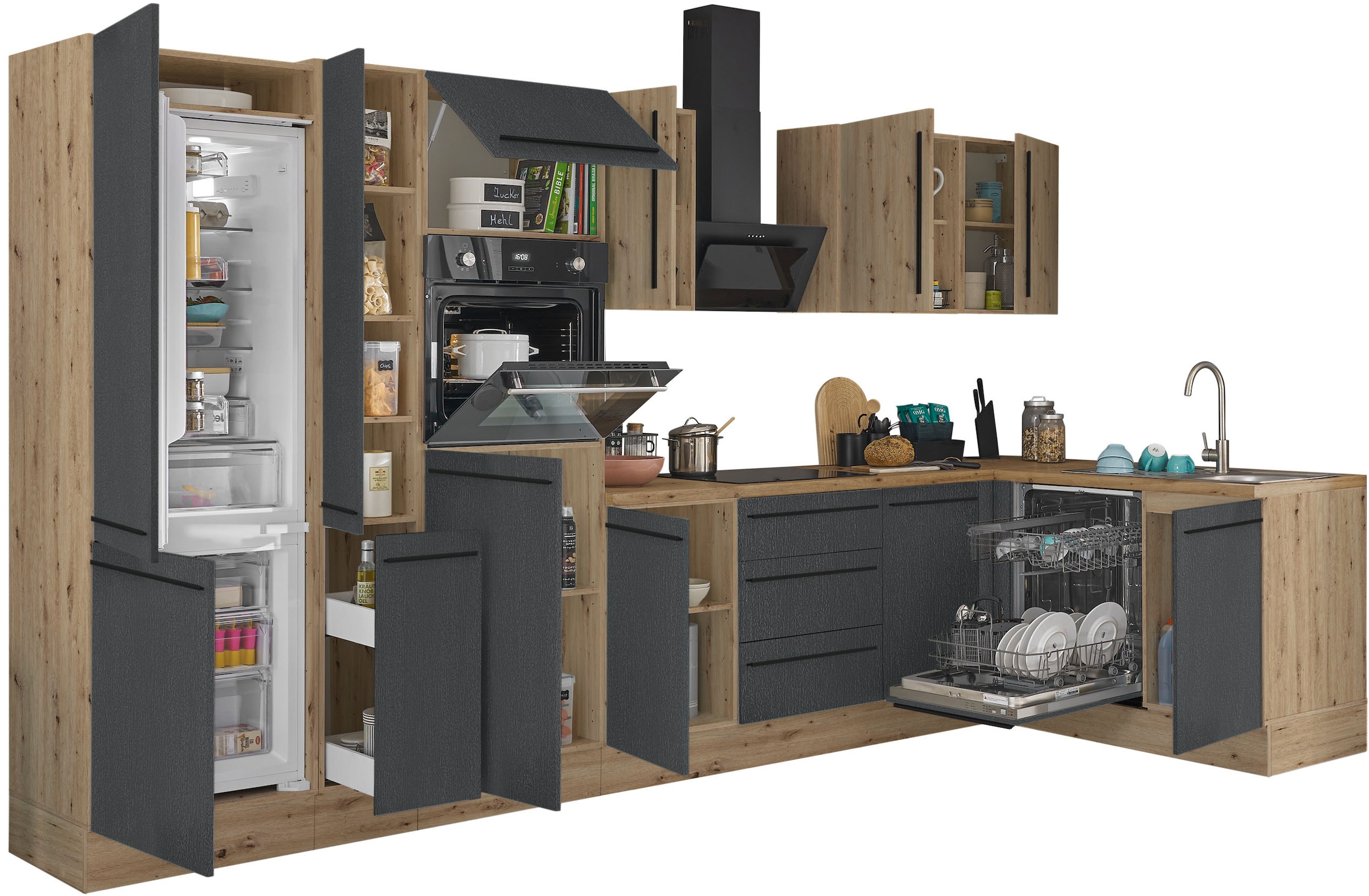 KOCHSTATION Winkelküche »Florida, Stellbreite 370x175 cm« wahlweise mit E-Geräten, mit Softclose für Türen und Schubkästen