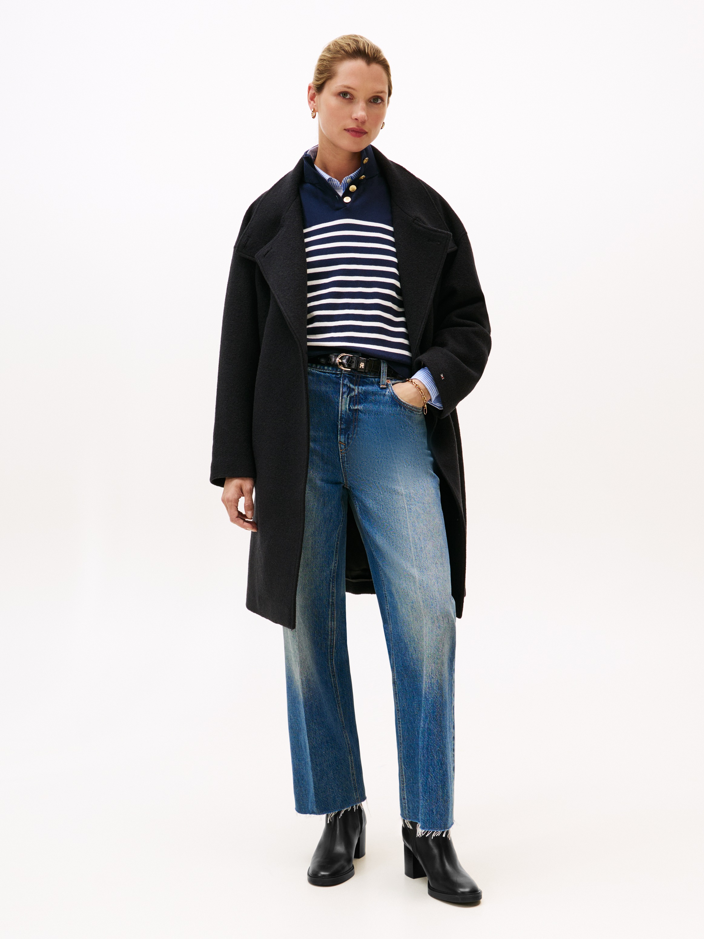 Tommy Hilfiger Stiefelette »STACKED HEEL LEATHER ANKLE BOOT«, Blockabsatz, Ankleboots, Businessschuh, goldfarbenes Schmuckelement