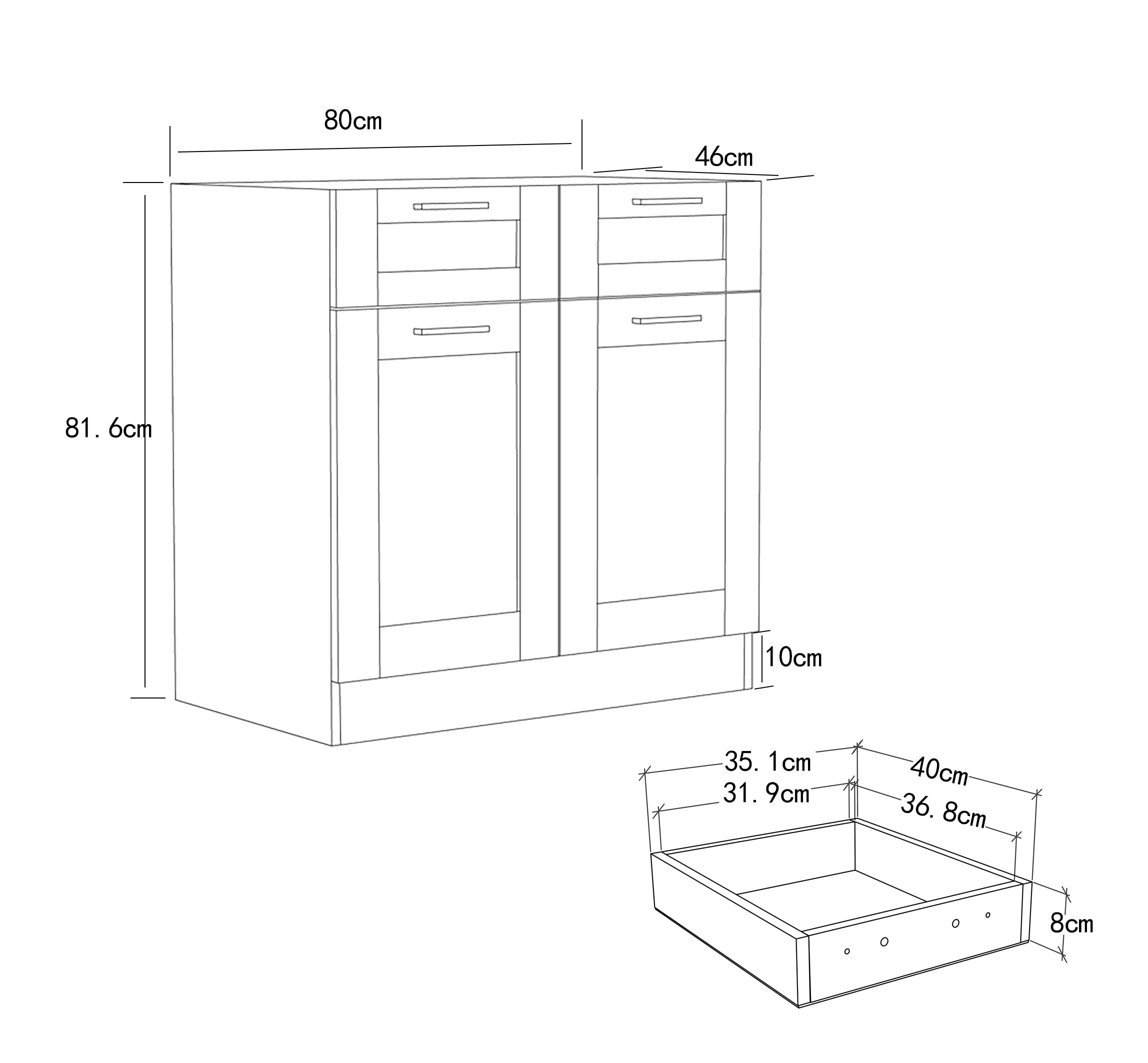 VCM Unterschrank »VCM Küchenschrank | Maße ca. H. 82 x B. 80 x. T. 46 cm | Unterschrank mit zwei Drehtüren und zwei Schubladen im Landhaus Stil | Küchenmöbel ¿ Colura«, (1 St.)