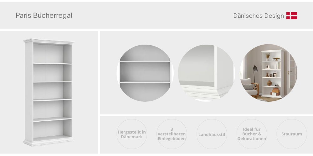 Home affaire Bücherregal »Paris, Regal, Standregal, Stauraumregal, Ablageregal, Multifunktional«, Staurum, mit 4 Einlegböden, viel Stauraum, Kranzleiste, Höhe 200 cm