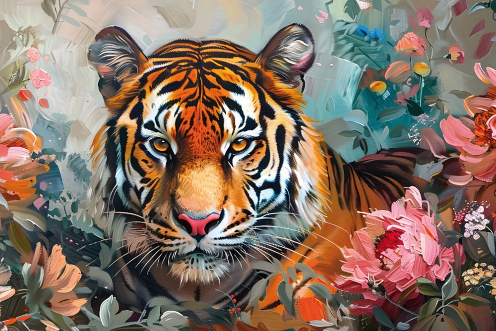 Bönninghoff Leinwandbild, Tiger-Blumen-Blumenbilder-Raubkatzen-Tiere, (1 St günstig online kaufen