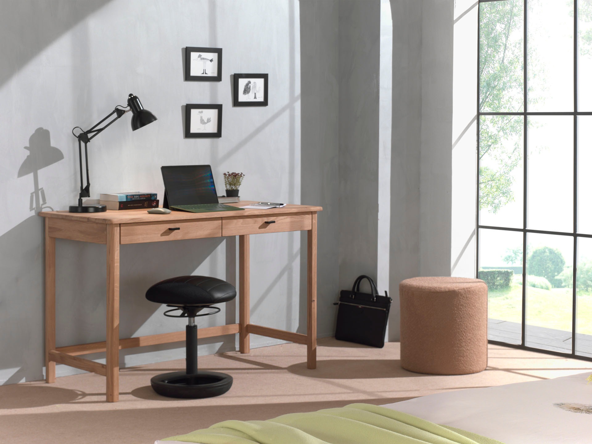 Home affaire Schreibtisch »Schreibtisch Forrest aus Massivholz, Made in Europe, zeitloses Design«, (B/H/T ca. 120x77x60 cm, in zwei Ausführungen erhältlich,), mit 2 Schubladen (Soft-Close), stabil und standfest gebaut