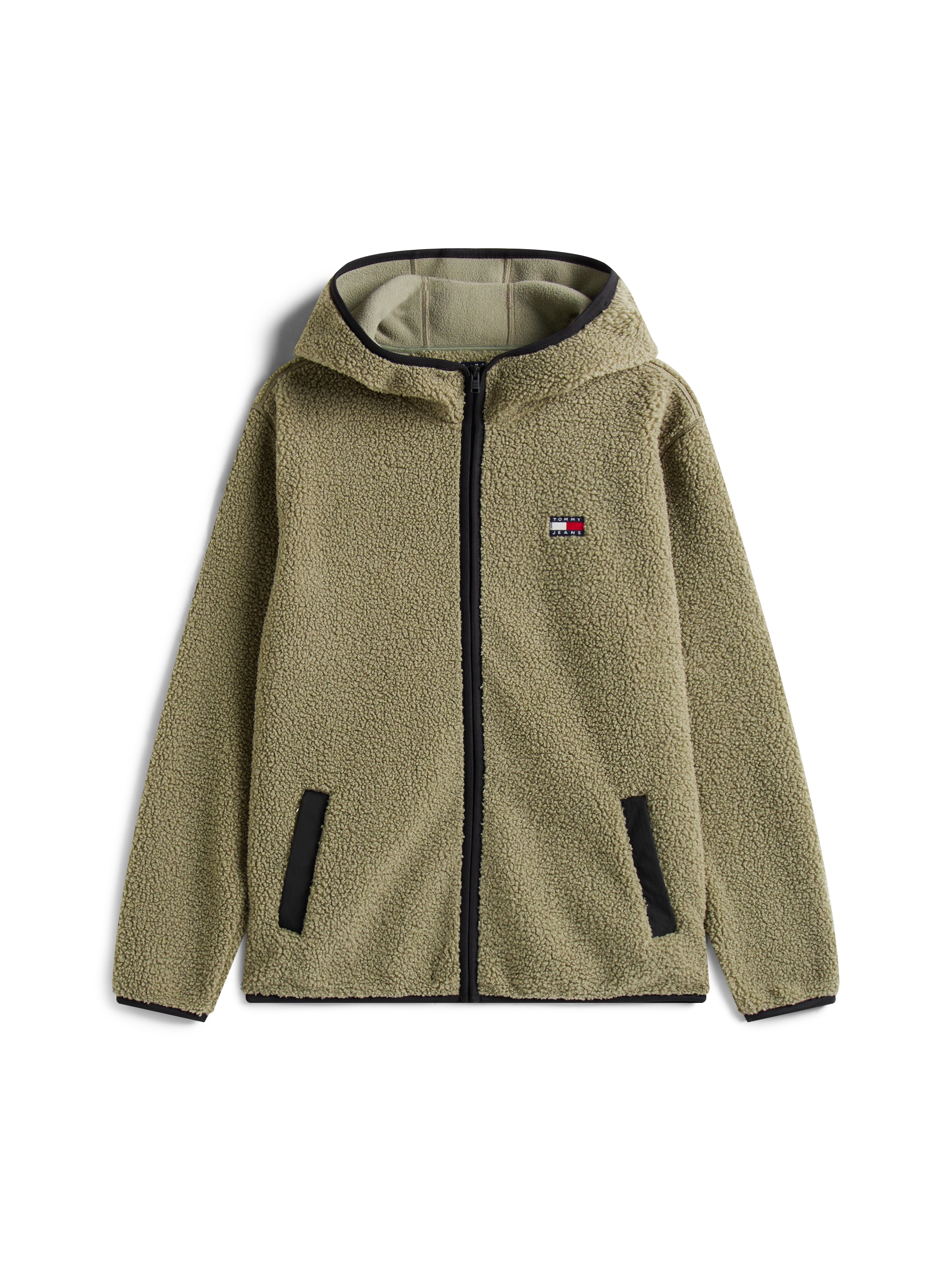 Tommy Jeans Plüschjacke »TJM REG BADGE TEDDY ZIP TRU EXT«, mit Kapuze, Freizeitjacke, Übergangsjacke, Teddyjacke mit Logopatch