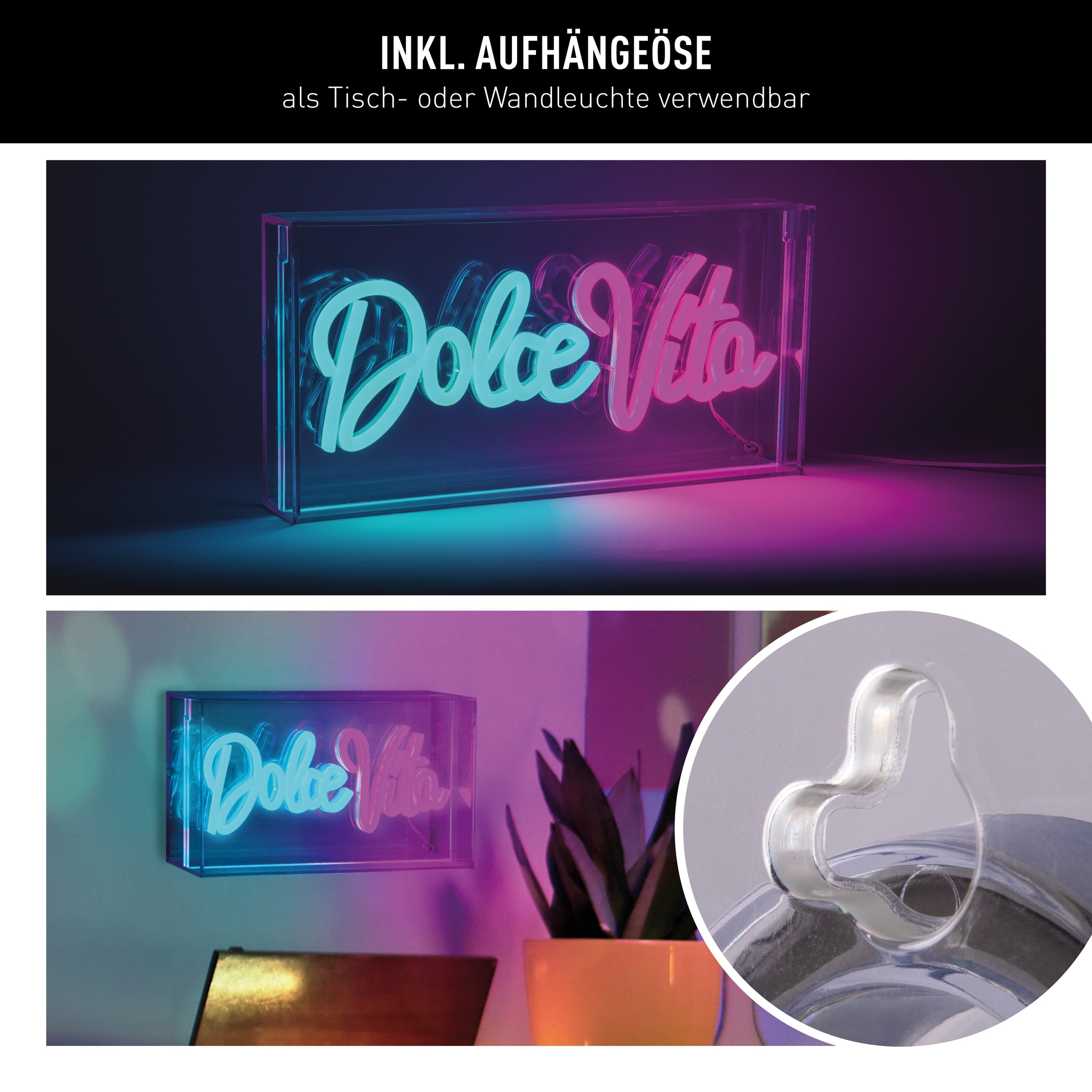 näve LED Dekolicht »DOLCE VITA«, 1 flammig, Leuchtmittel LED-Modul | LED fest integriert, Schriftzug beleuchtet blau rot, Tisch- Wandfunktion, transparent, USB