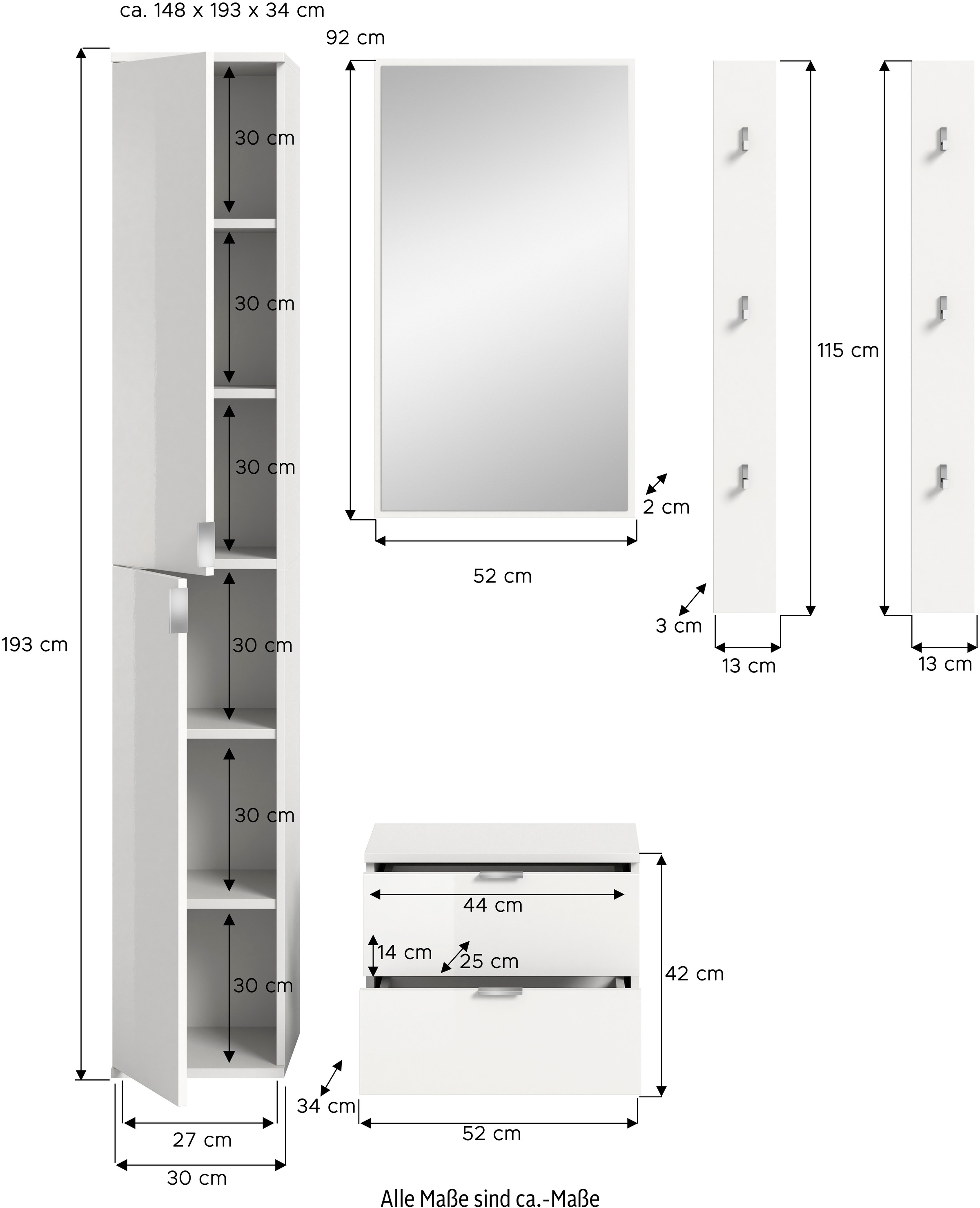 INOSIGN Garderoben-Set, (4 St.), Trondheim, Garderobenset 4-tlg.Breite 148 cm, Flur, Diele, Kombination