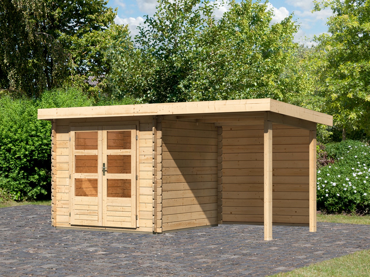 KONIFERA Gartenhaus »Schloßsee 2«, mit Anbaudach und Rückwand online