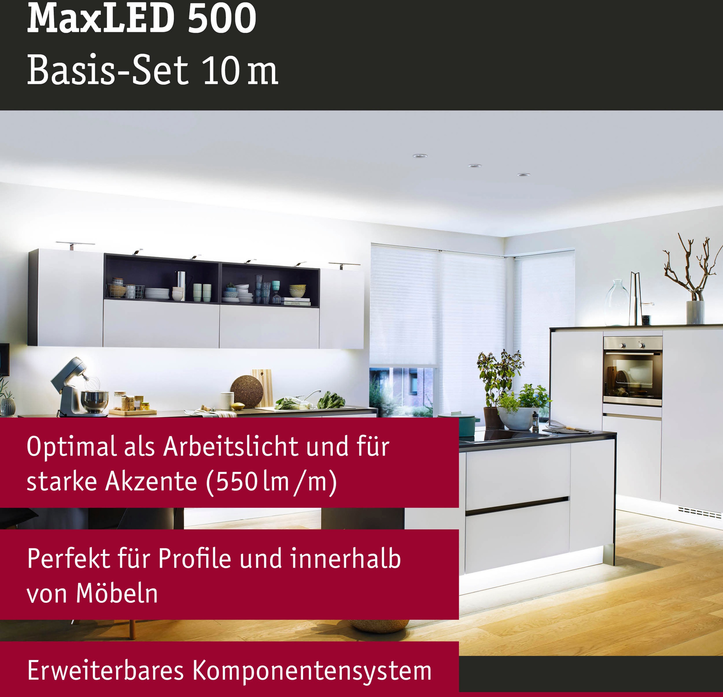 Paulmann LED-Streifen »MaxLED 500 Basisset 10m Tageslichtweiß 10m 50W 550lm/m 6500K«, 1 St.-flammig, Basisset, unbeschichtet