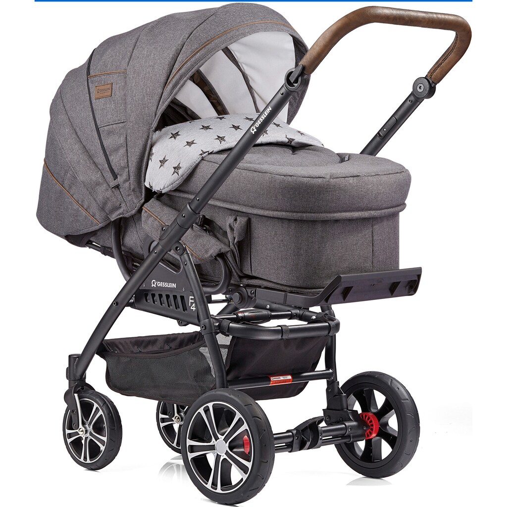 Gesslein Kombi-Kinderwagen »F4 Air+, schwarz/tabak, grau meliert/Sterne grau«, mit Tragetasche C2 Compact & Handbremse