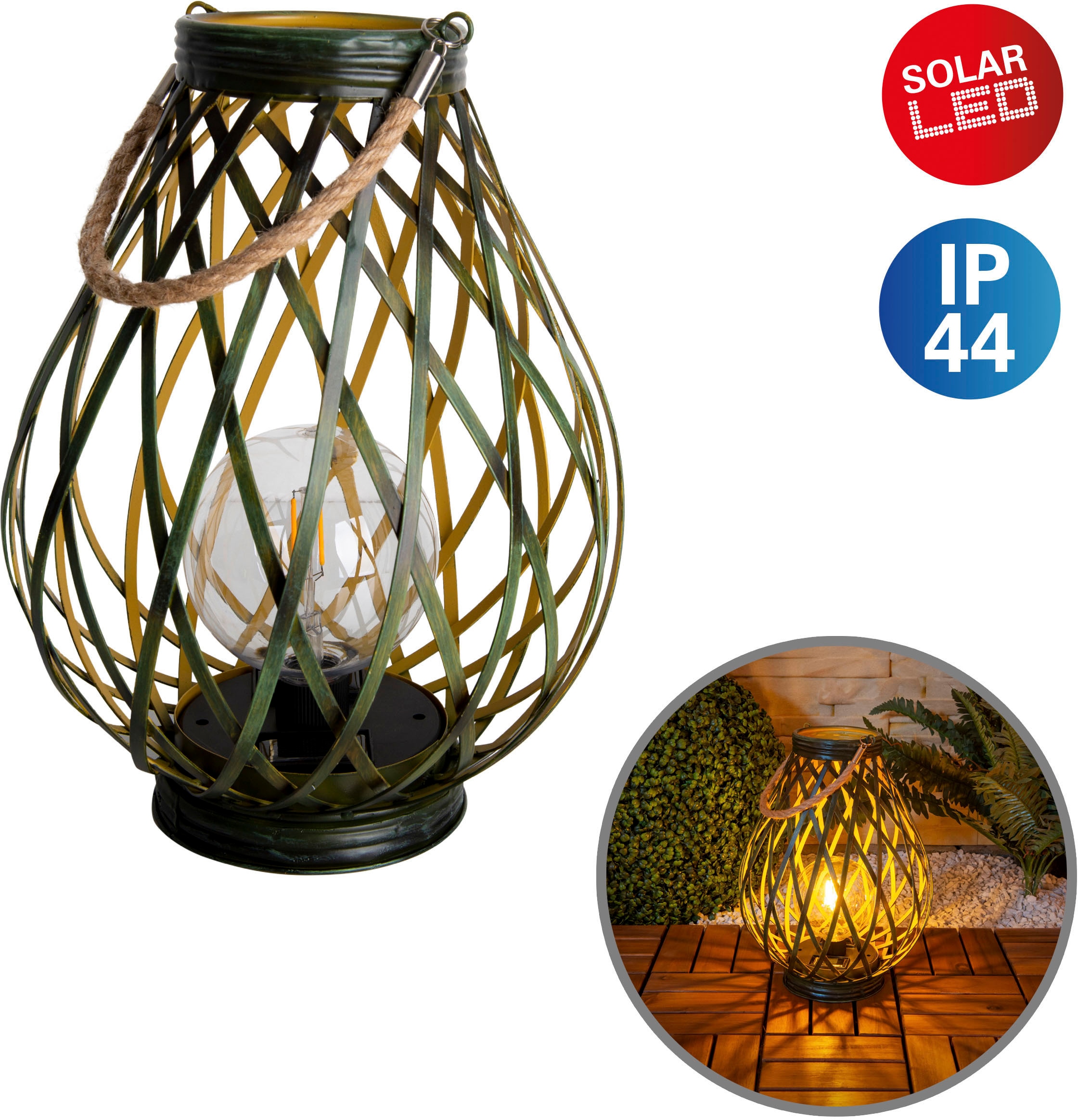 näve LED Solarleuchte "Baluba", 1 flammig, Flechtoptik in grün/gold, Kordelgriff/Aufhängung, inkl. Leuchtbulb