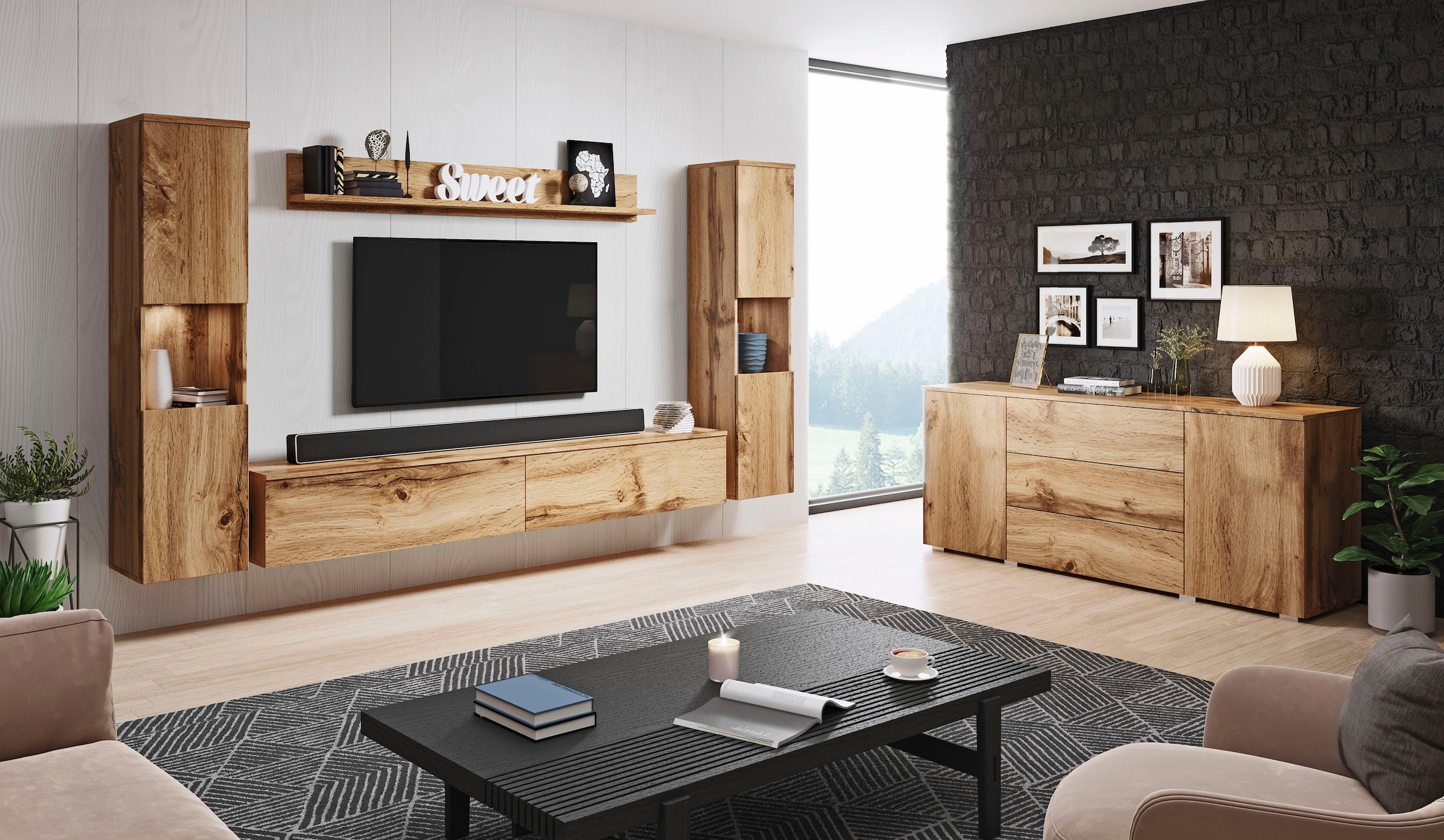 INOSIGN Wohnwand »PARIS, Vitrine Türanschlag links/rechts wechselbar«, (Komplett-Set, 4 St.), grifflose Design, stehend und hängend montierbar