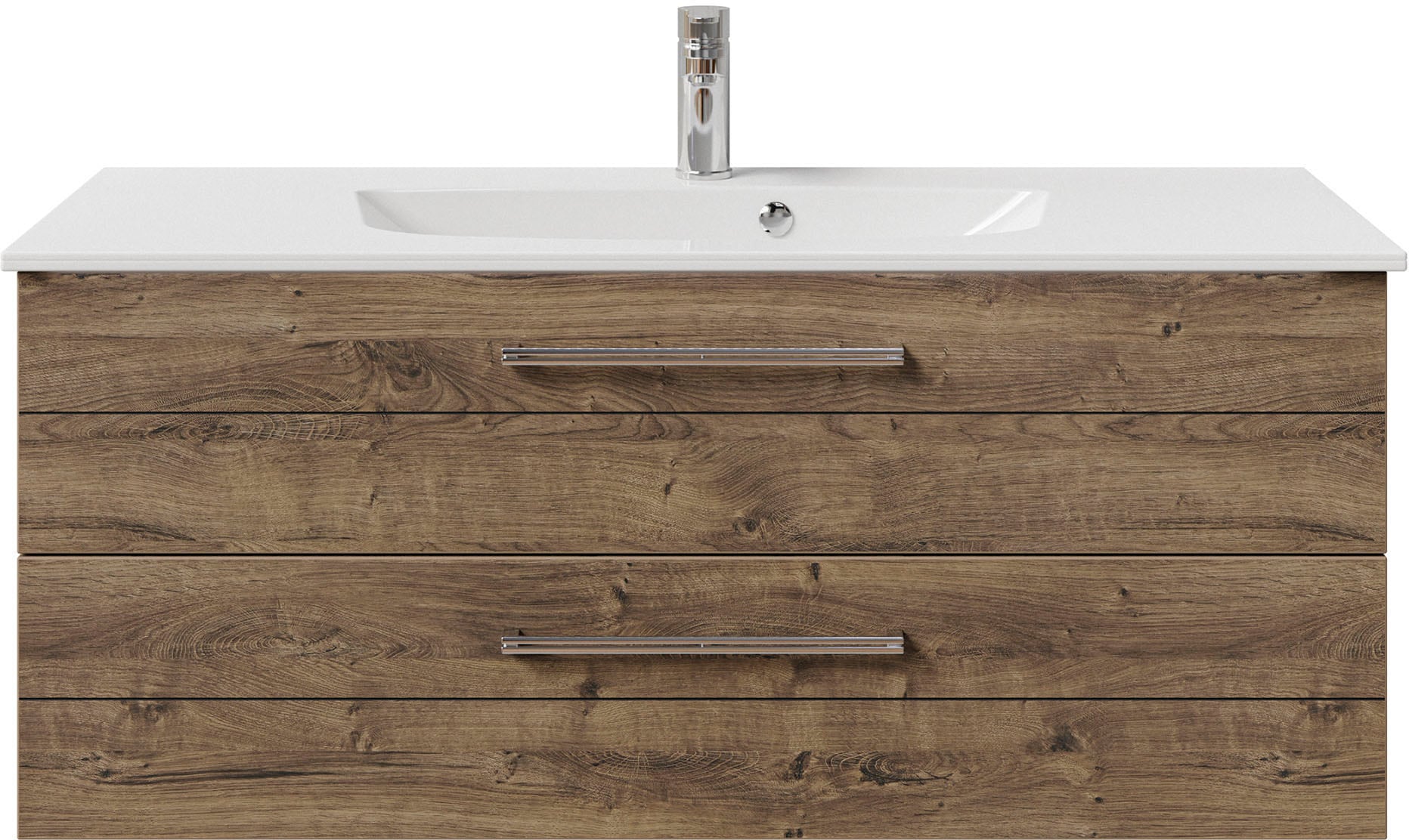 Saphir Badmöbel-Set »Serie 6025 2-teilig Mineralmarmor-Waschtisch mit LED-Spiegelschrank«, (2 St.), Waschplatz 117cm breit, 2 Schubladen, 3 Spiegel-Türen, inkl Türdämpfer