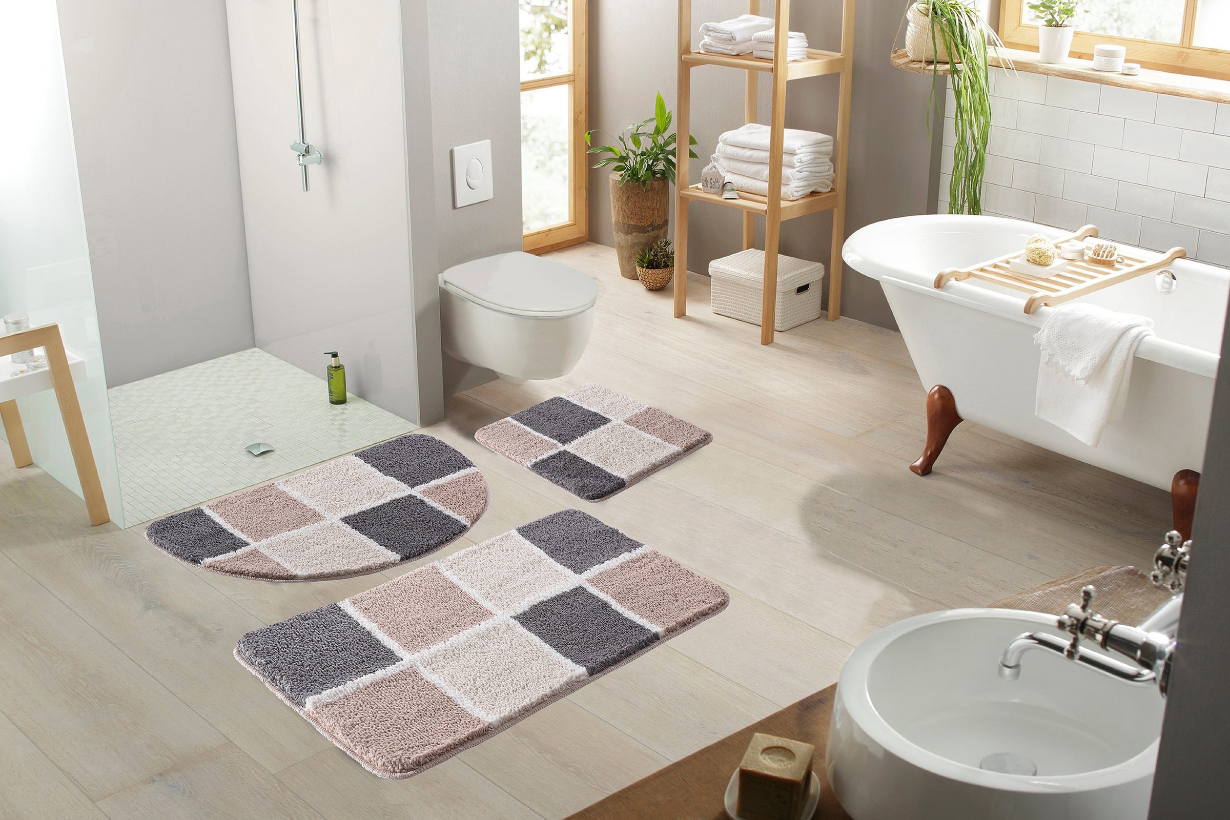 my home Badematte »Anna mit Kachelmuster, Badvorleger, Badezimmer Teppich, Duschvorleger«, rutschhemmend beschichtet, strapazierfähig, Badteppich, Hoch Tief Effekt, Modern, Weich