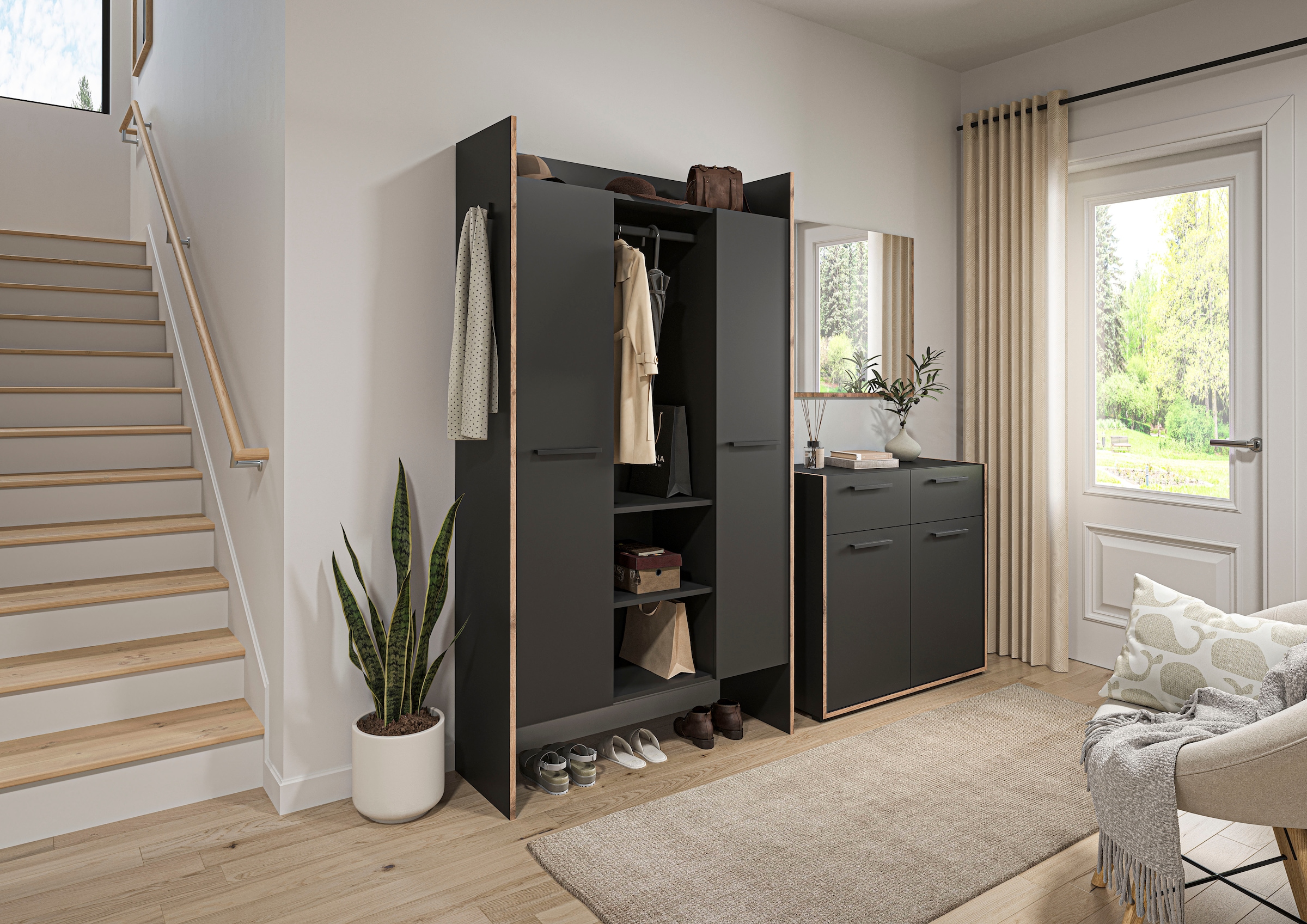 INOSIGN Garderoben-Set »MUSTA, 3-teilig: Garderobenschrank, Kommode & Garderobenspiegel«, Kombination, Kompaktgarderobe, Garderobenkombination, Garderobe