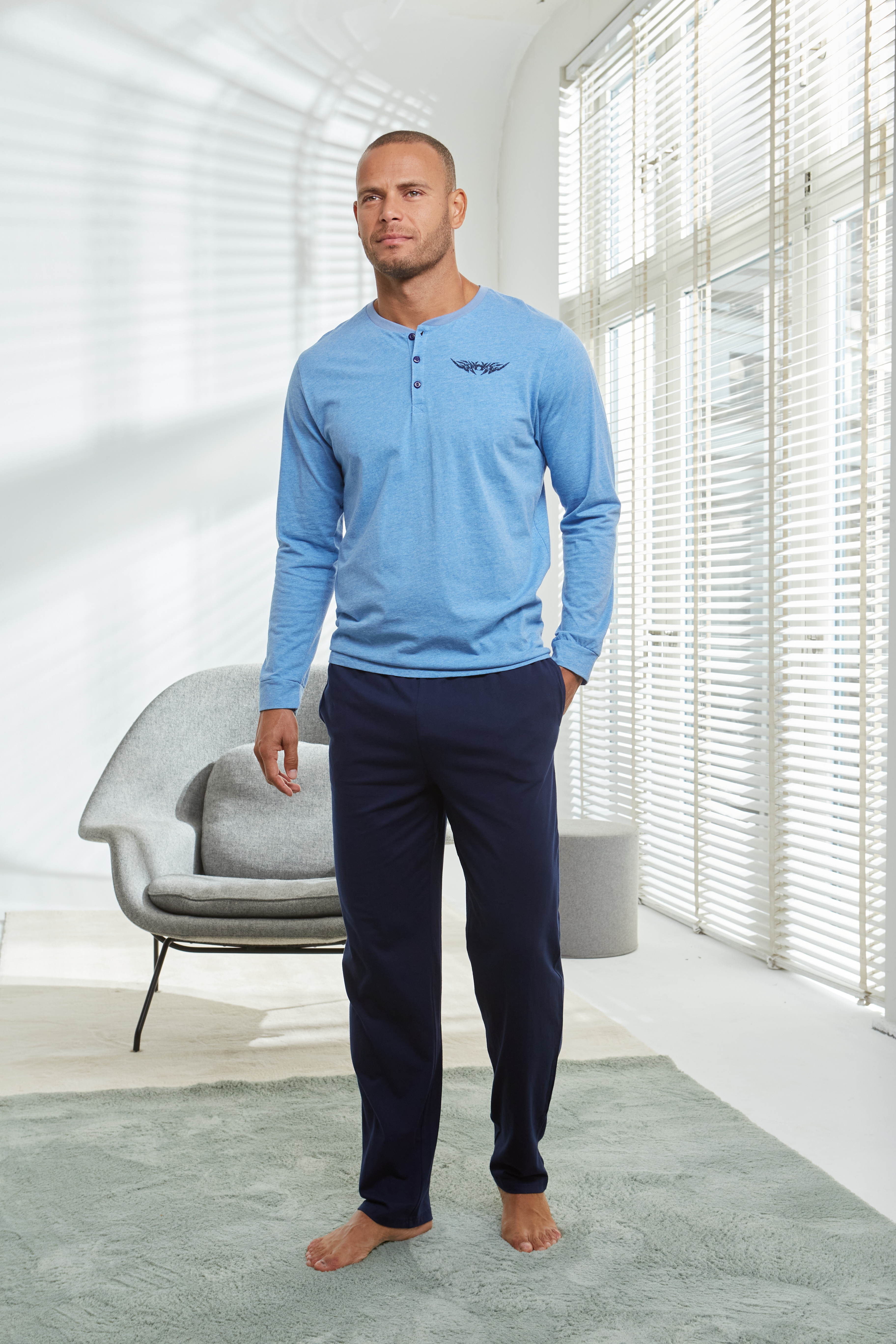AUTHENTIC LE JOGGER Pyjama "Schlafanzug für Herren" 1 Stück, 2 tlg. mit Knopfleiste, meliertes Oberteil