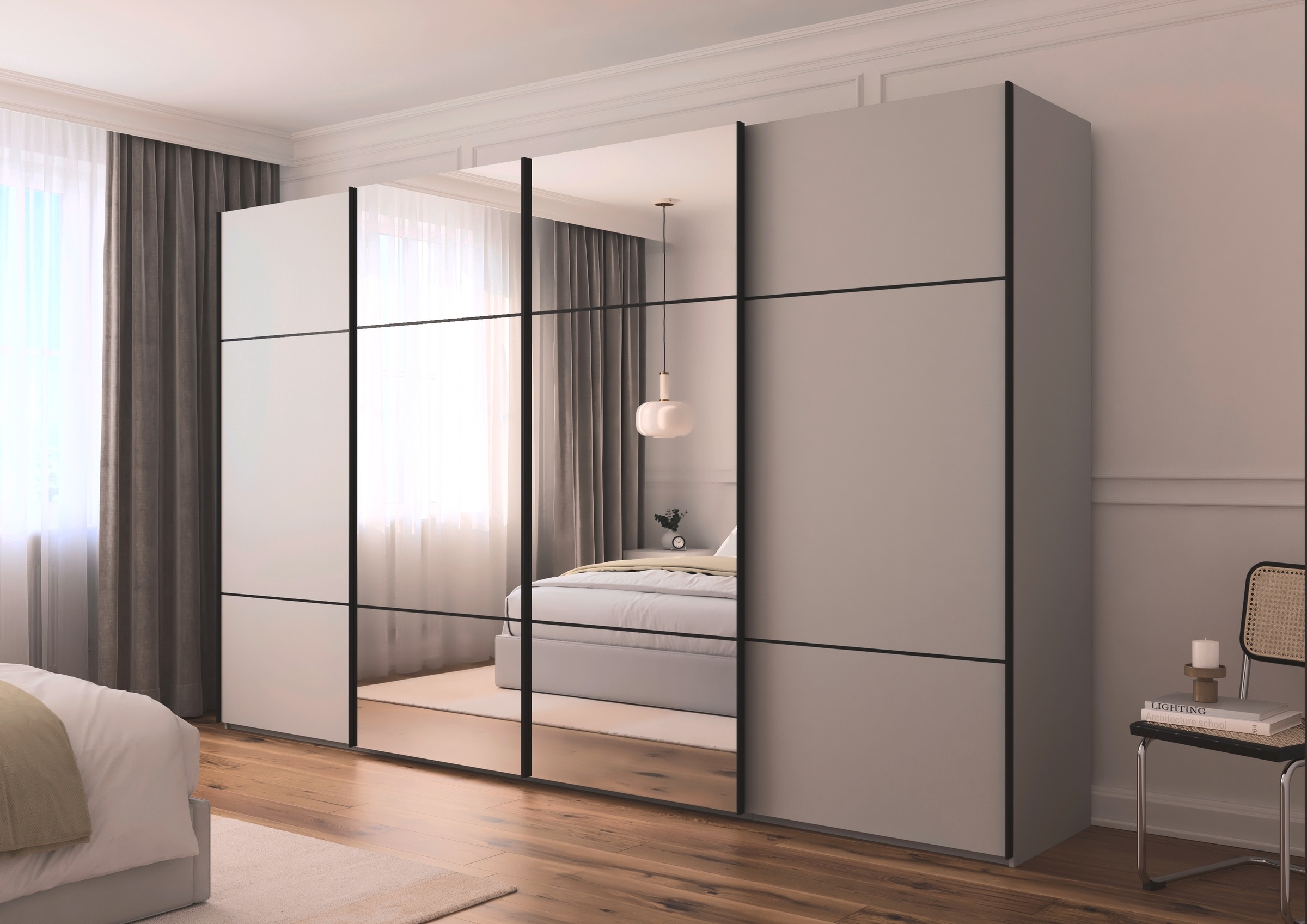 rauch Schwebetürenschrank »Kleiderschrank Schrank Garderobe Schlafzimmerschrank SCALE-TRIO«, edle dreigeteilte Front mit 2 Zierleisten und Spiegel MADE IN GERMANY