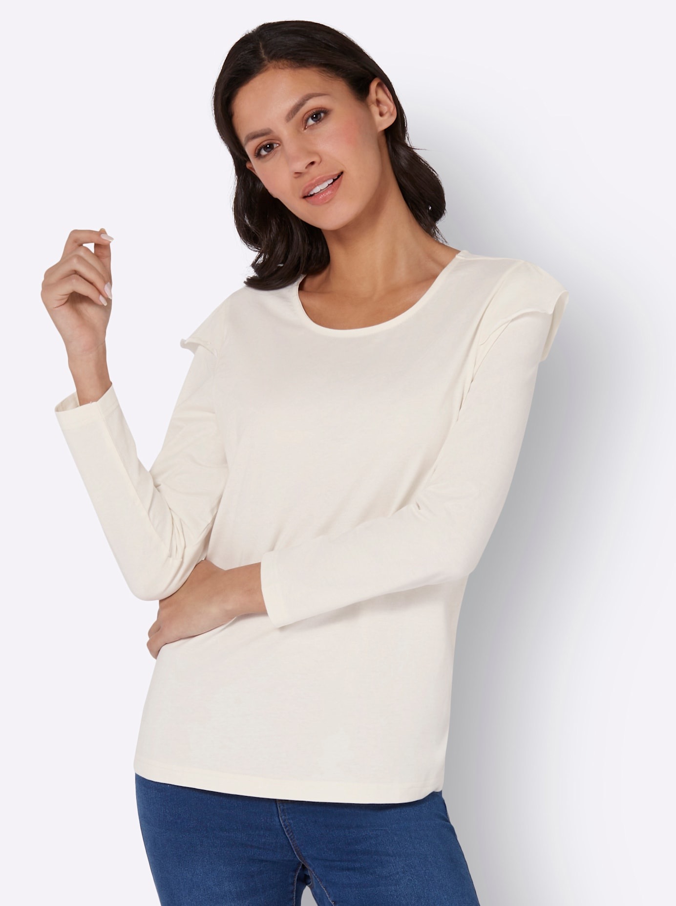 Langarmshirt CLASSIC BASICS "Langarm-Shirt", Damen, Gr. 44, beige (ecru), 100% Baumwolle, unifarben, Rundhals, Shirts Langarmshirt