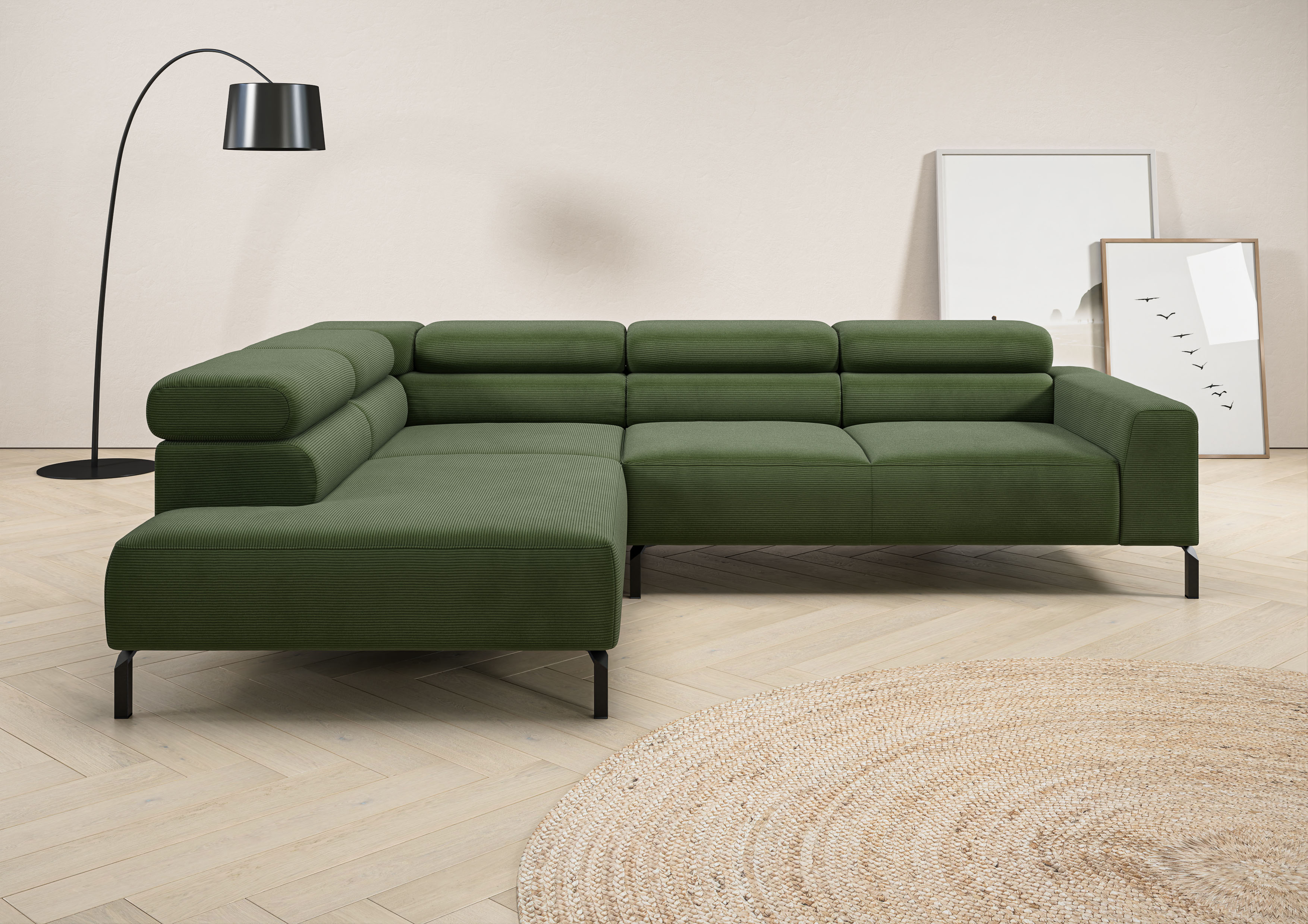 Home affaire Ecksofa "Antonelli, L-Form, inkl. Kopfteilverstellung, Breite 276 cm" ohne Sitztiefenverstellung, in Feincord, oliv