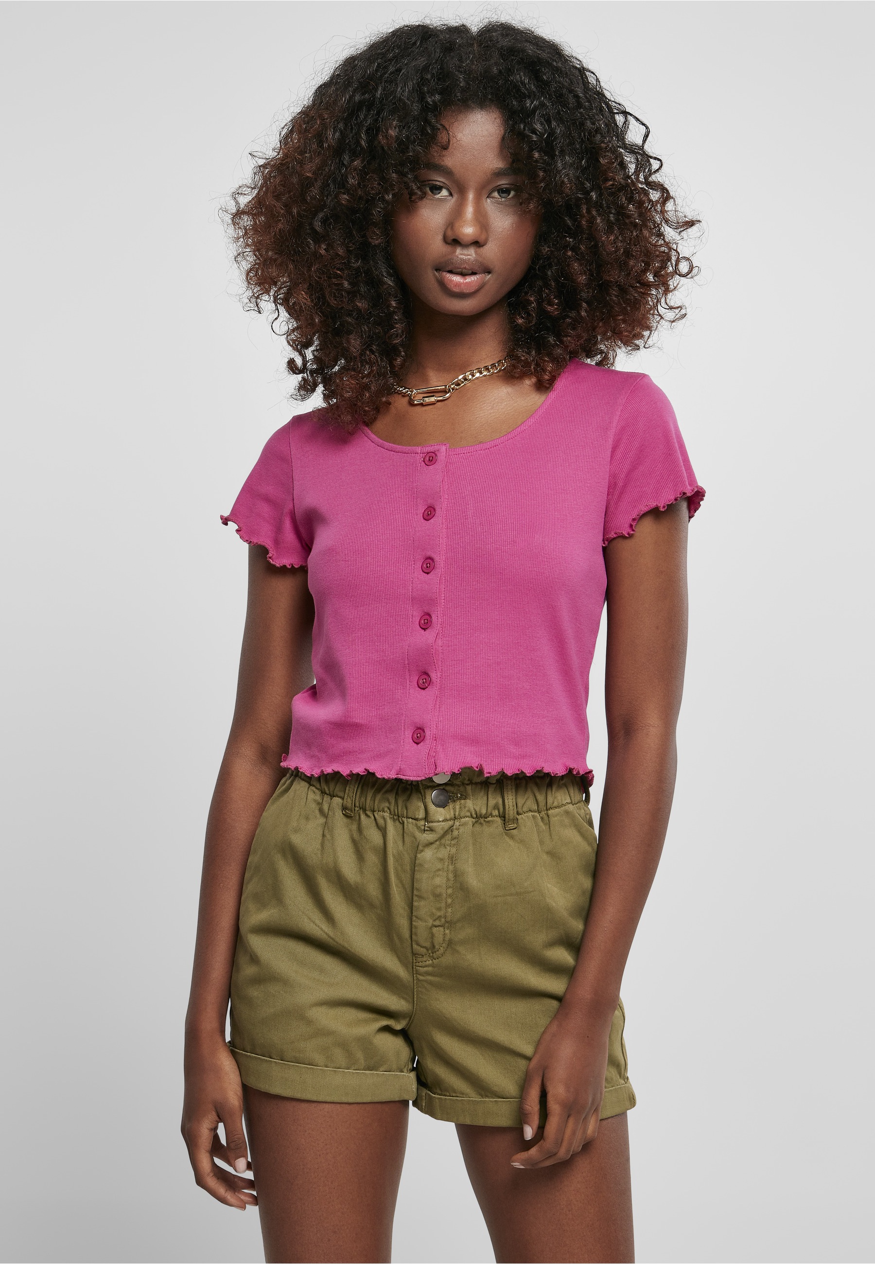URBAN CLASSICS Kurzarmshirt »Urban Classics Damen Ladies Cropped Button Up Rib Tee« 1