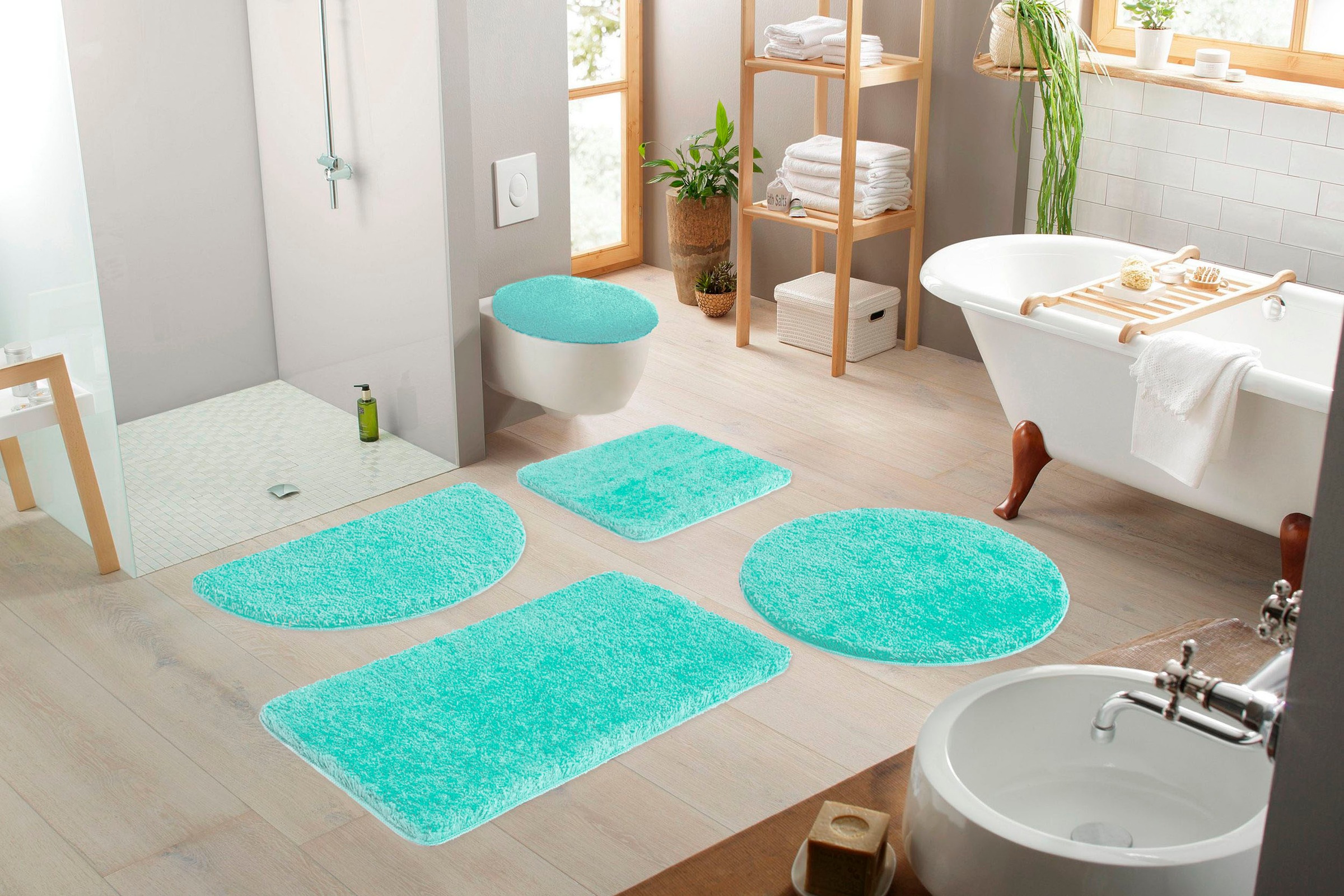 my home Badematte »Sanremo, Badvorleger, Badezimmer Teppich, sehr weich«, rutschhemmend beschichtet, fußbodenheizungsgeeignet-schnell trocknend, Badteppich, unifarben, rechteckig, rund & als 3-tlg. Set erhältlich