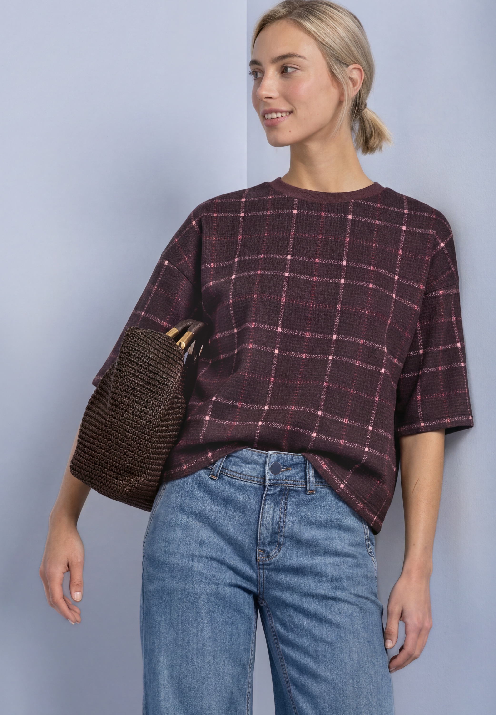 STREET ONE Sweater , Kurzarm Sommer-Sweatshirt / Kariert / Boxy Crewneck
