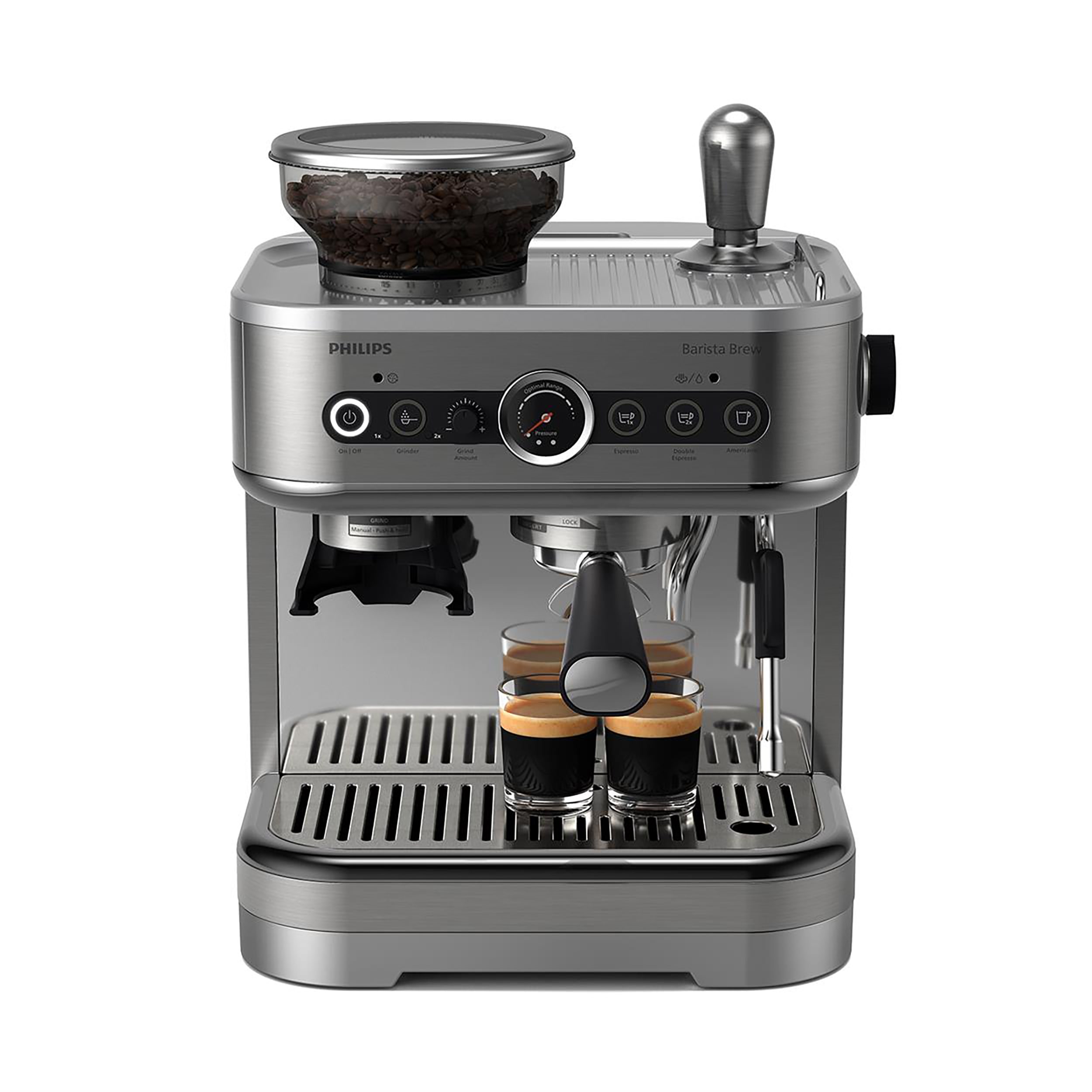 Philips Espressomaschine "PSA3218/01 Barista Brew, halbautomatisch, mit 250-g-Bohnenbehälter" Korbfilter Siebträger und Milchkanne aus Edelstahl, Silber