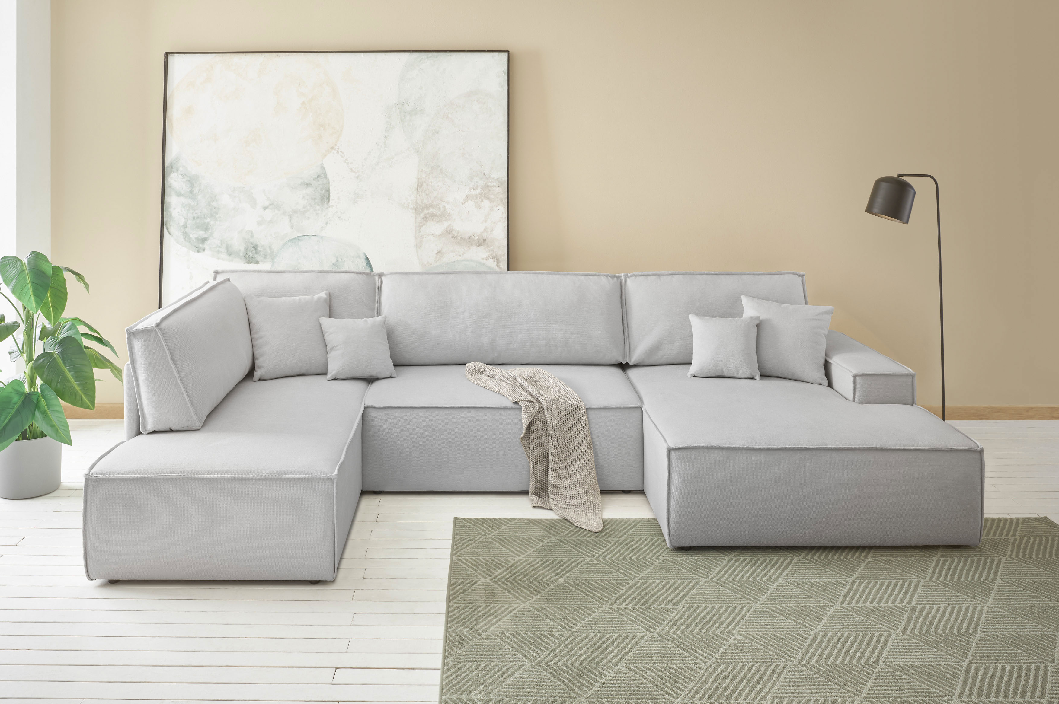 OTTO home Wohnlandschaft "FINNLEY Strurktur fein U-Form XXL 329 cm" Schlafsofa, Bettkasten, in Bouclé, Struktur fein und Mega Cord