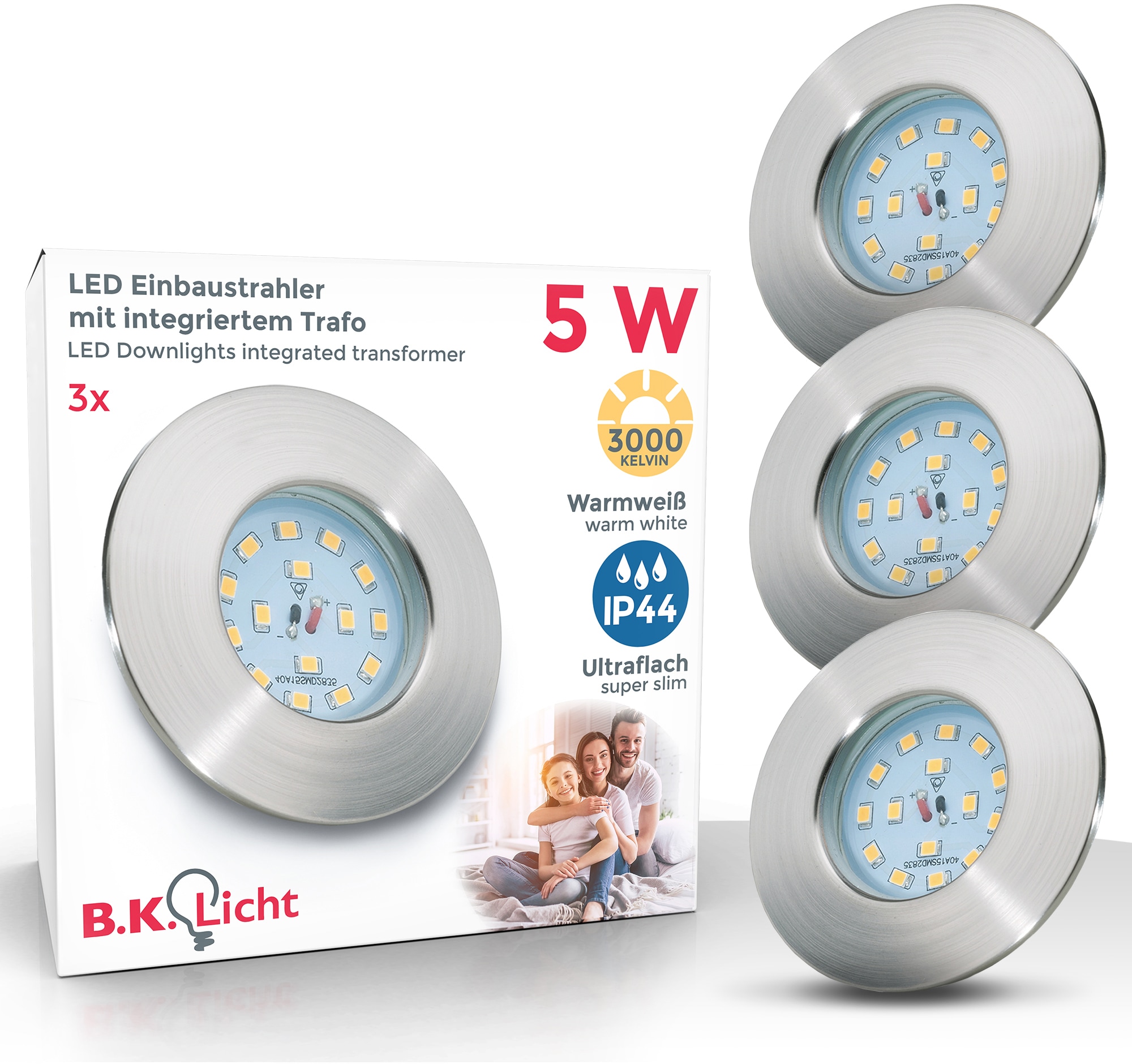 B.K.Licht LED Einbauleuchte Elias, LED-Board, Warmweiß, LED Einbaustrahler ultra-flach Badezimmer IP44 Decken-Spot GU10 3er SET