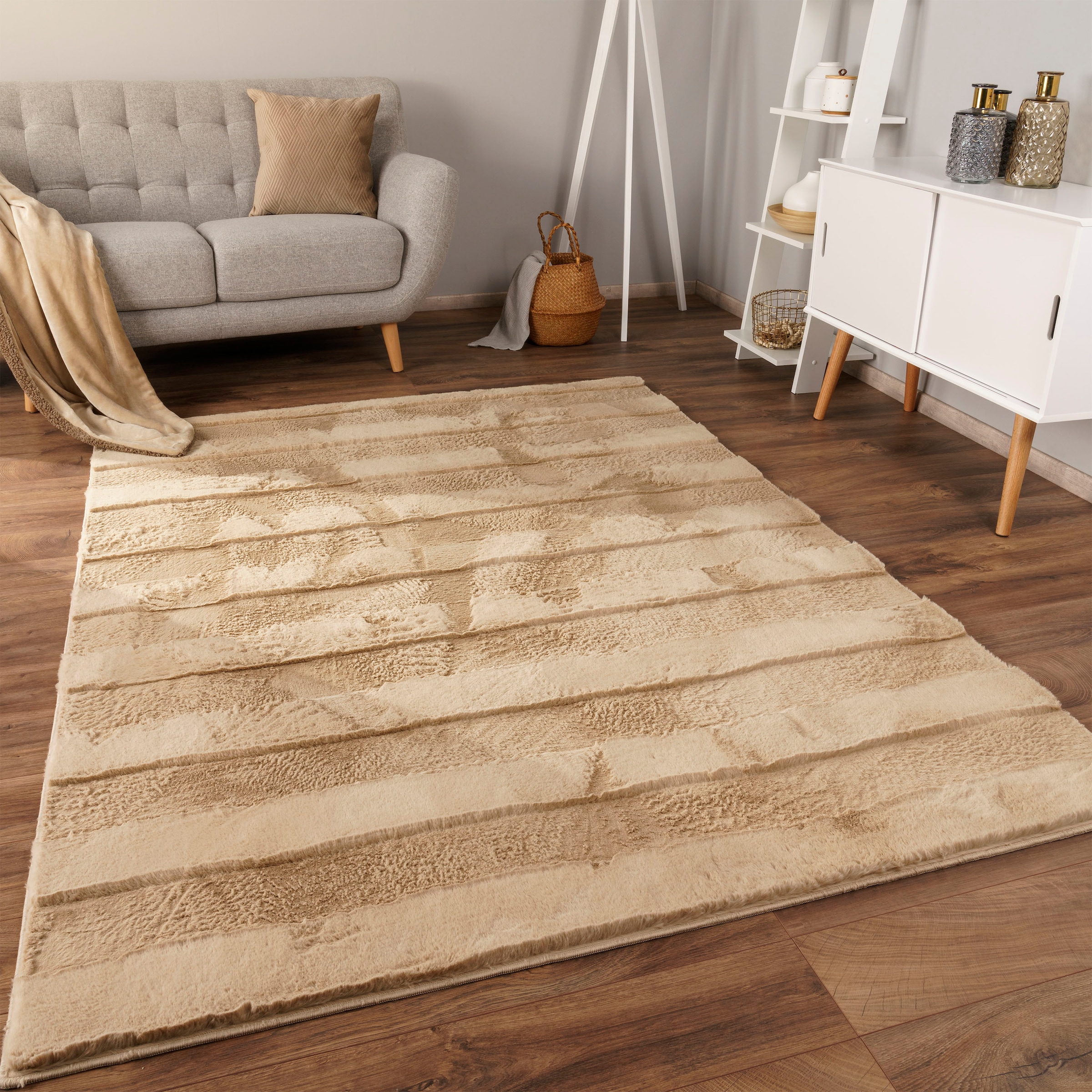 Paco Home Hochflor-Teppich »Arnheim 744«, rechteckig, 24 mm Höhe, Uni Farben, gestreift, besonders weich, Hoch-Tief Effekt