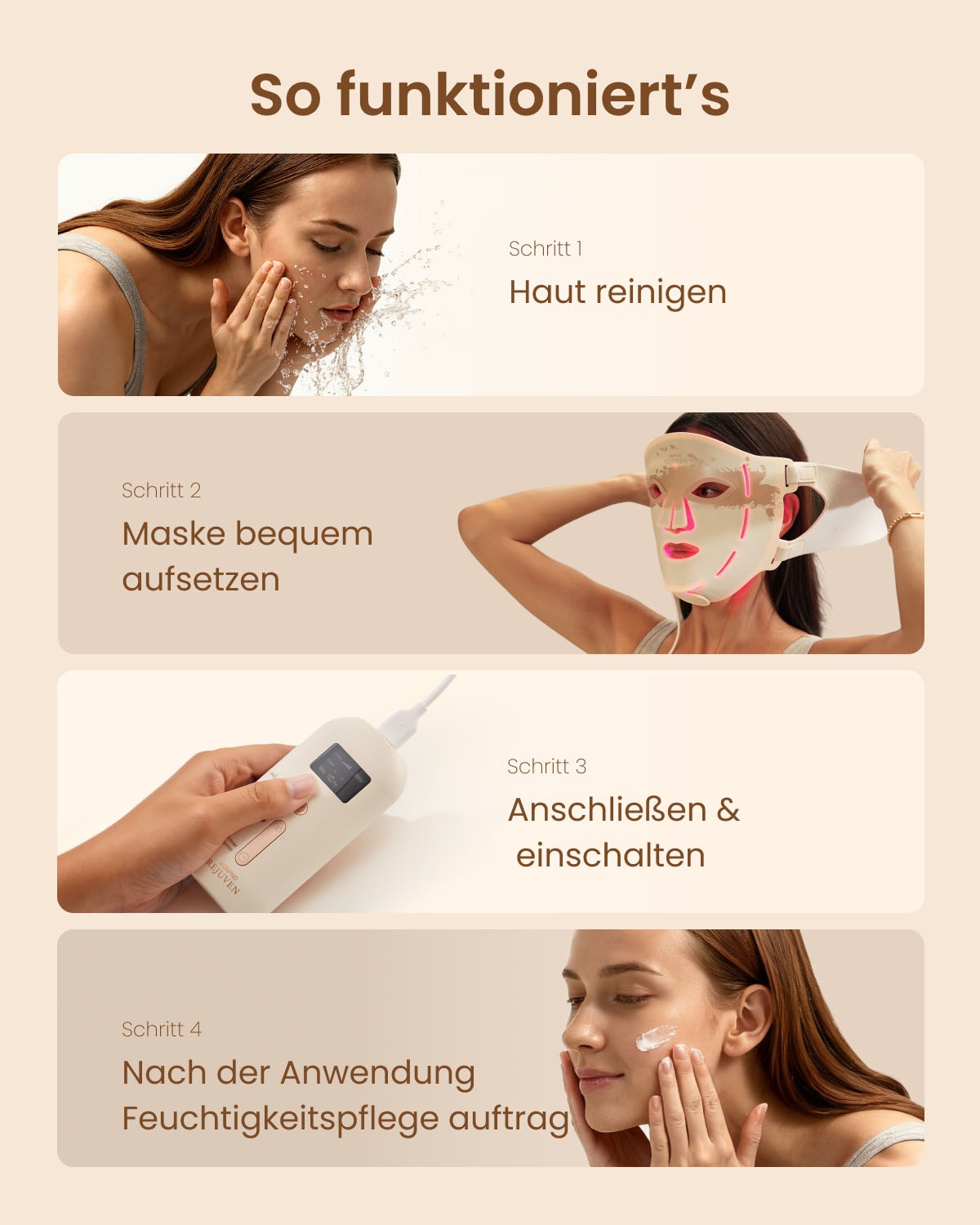 Renpho LED-Gesichtsmaske »Rejuven Artemis Blush LED Light Therapy Mask« 432 LEDs, 4 Farben/Modi, Controller, Akku, Kopfband