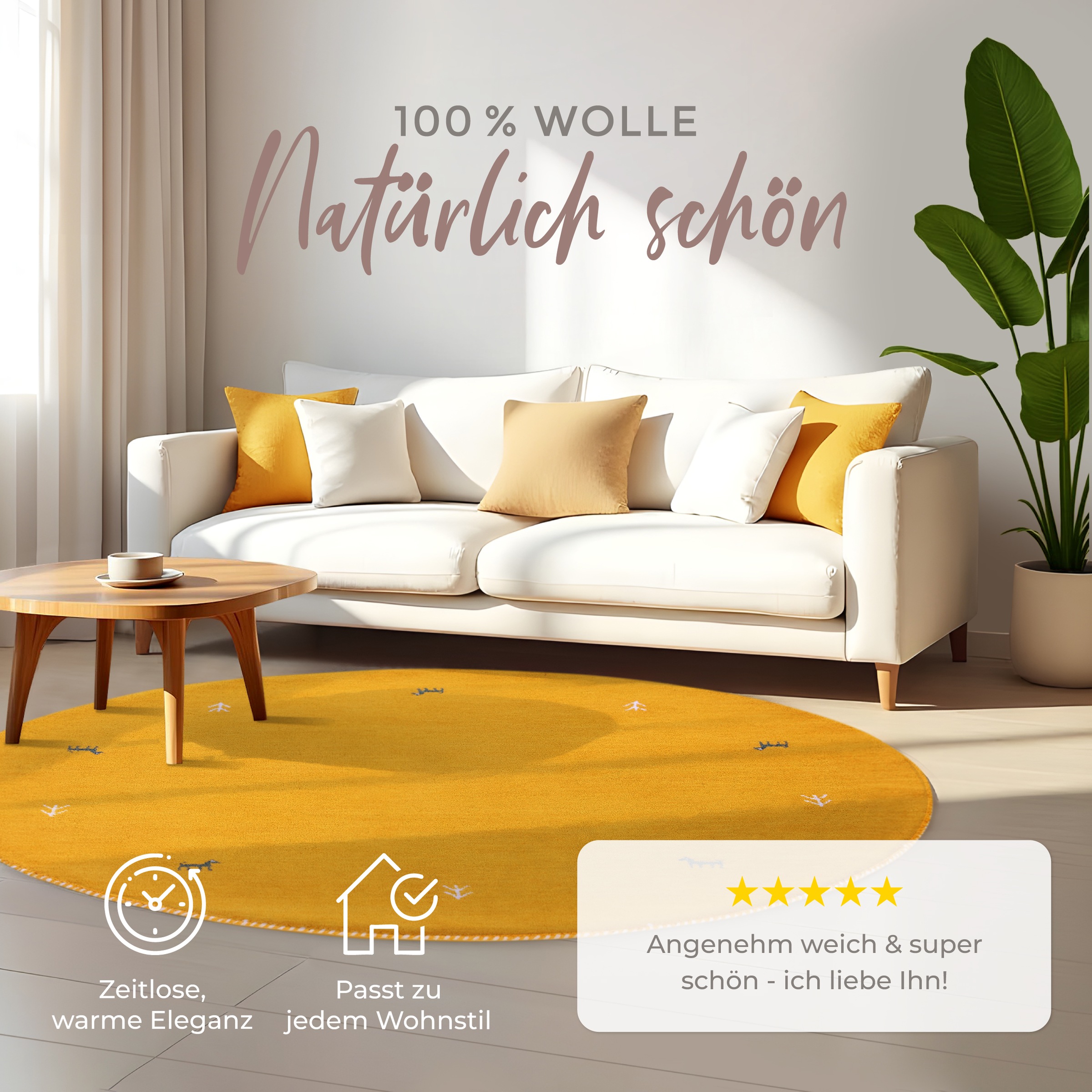 Wollteppich CARPETFINE "Gabbeh Uni", gelb, H:15mm Ø:150cm, Wolle, Teppiche, reine Wolle handgewebt, Gabbeh Tiermotiv warmes Raumklima viele Größen 2