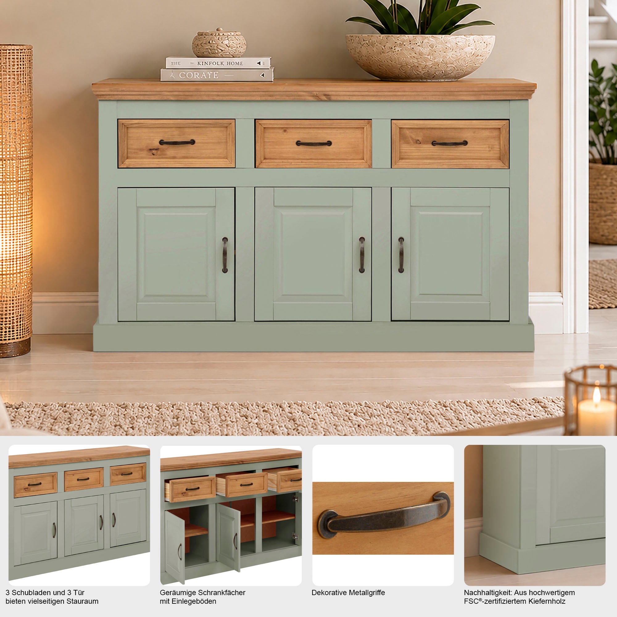 OTTO home Sideboard »Selma Kommode mit 3 Türen, 3 Schubläden und 6 Fächer, Metallgriffe« aus massivem Kiefernholz, 3 Einlegeböden, mit dekorativer Fräsung