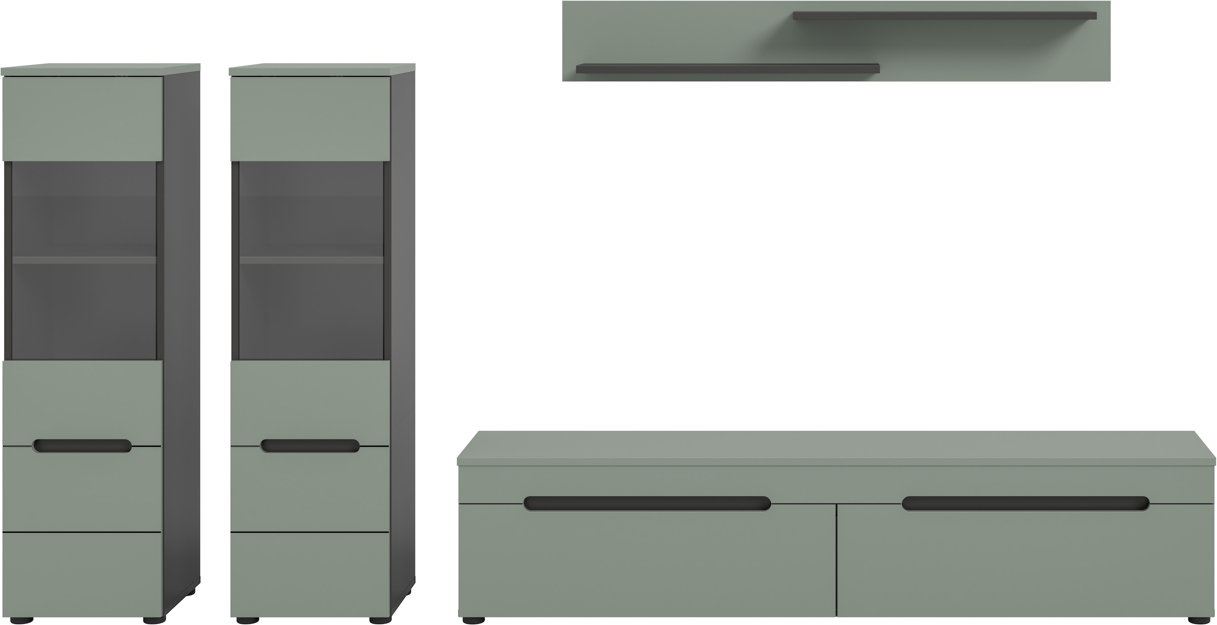 INOSIGN Wohnwand »REHAT, TOPSELLER!, 4-teilig, wahlweise stehend und hängend montierbar«, (3 St., Set bestehend aus: 2x Vitrine, Lowboard und Wandboard), Kombination, Anbauwand, Set, Wohn-Set, Wohnzimmer-Set, Schrankwand