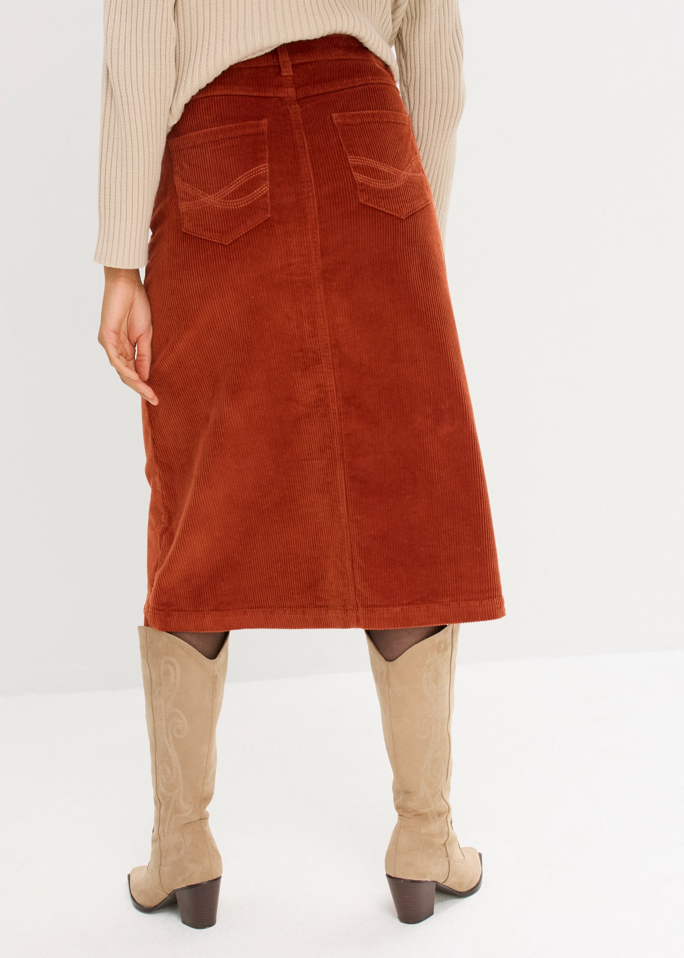 bonprix Cordrock mit Stretch, mit durchgehender Knopfleiste, mit Gürtelschlaufen