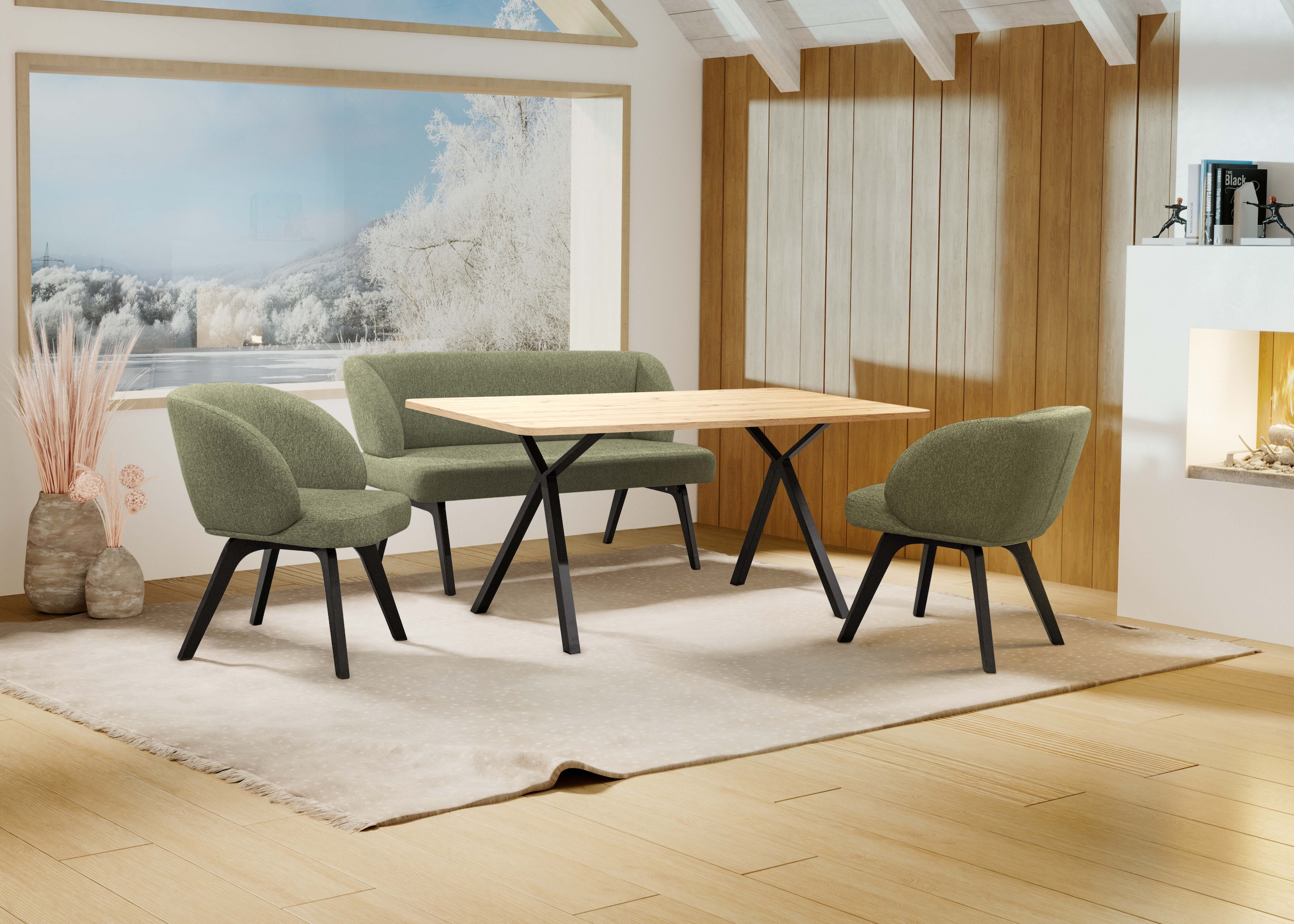 Home affaire Essgruppe »Aretha Esstischbank, Sitzgruppe, Küchenbank, Polsterbank«, (Set, 4 tlg., 4er), Esszimmer Sitzgruppe, Tisch, Stühle und Bank gepolstert, Nosagfederung