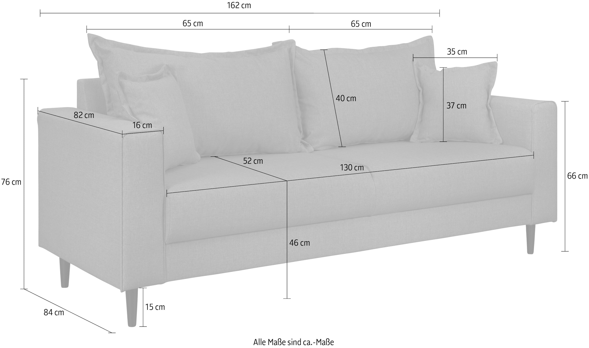 Home affaire 2-Sitzer »VEYRAS, hoher Sitzkomfort, Maße B/T/H: 162/84/76 cm«, mit Wellenunterfederung, incl. Rückenkissen und Zierkissen