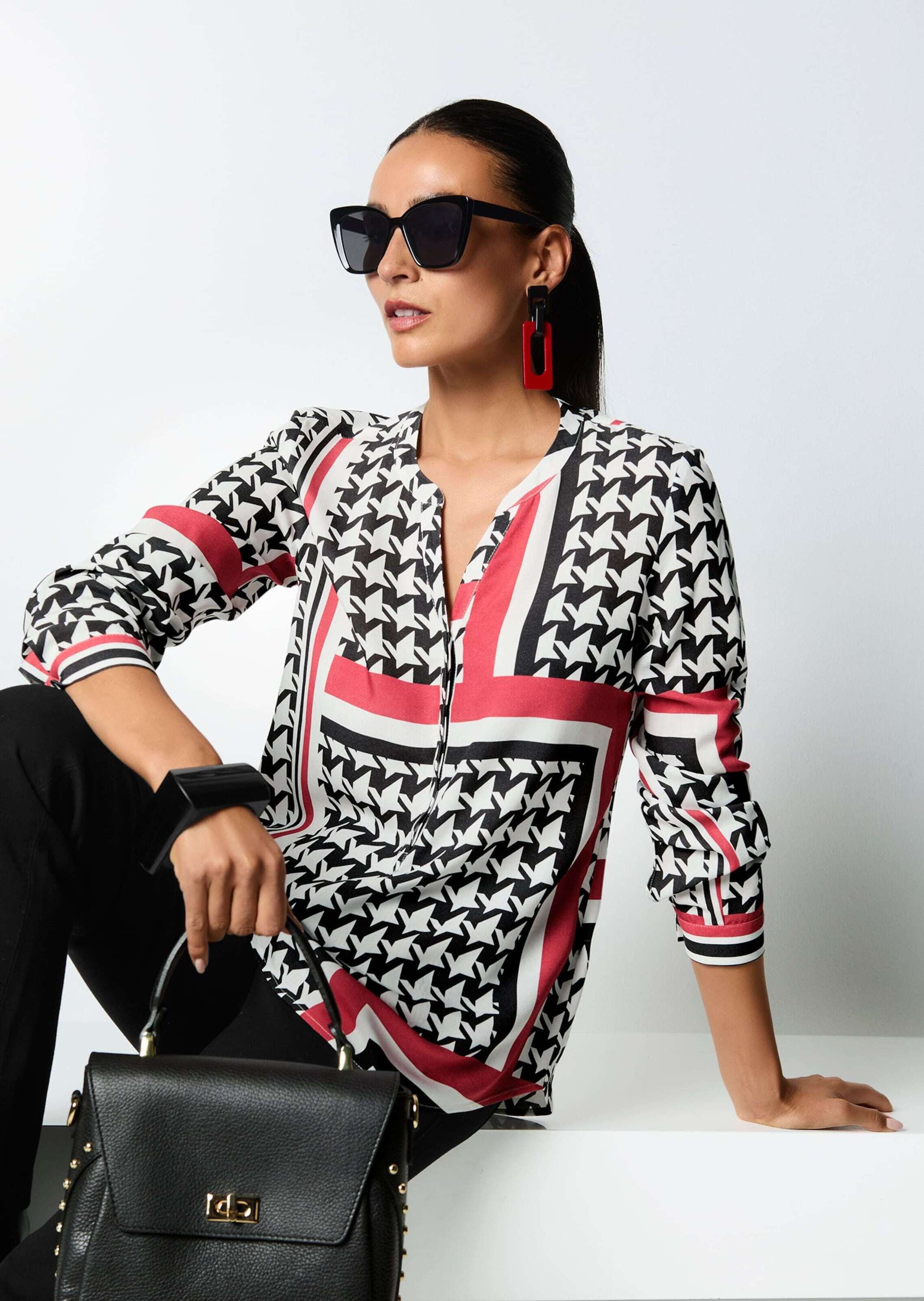 MADELEINE Langarmbluse »Tunika-Bluse Hahnentritt-Bluse mit V-Ausschnitt«