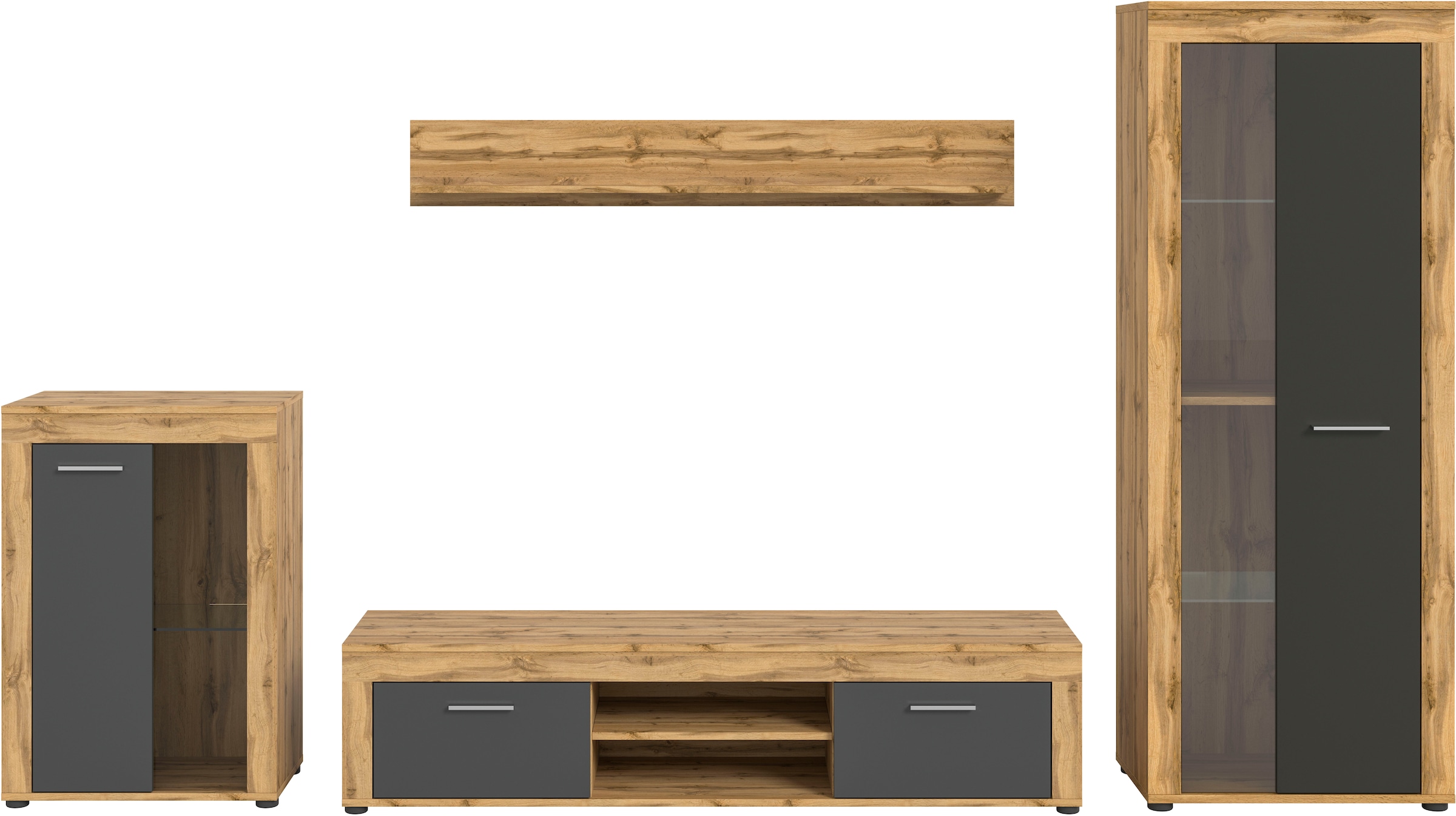 INOSIGN Wohnwand »Aosta, 4-tlg., best. aus: Vitrine, Lowboard, Wandboard & Vitrine hoch«, (4 St.), Wohnwand, Kombination, Anbauwand, Möbel Set, Schrankwand, Möbel Kombi
