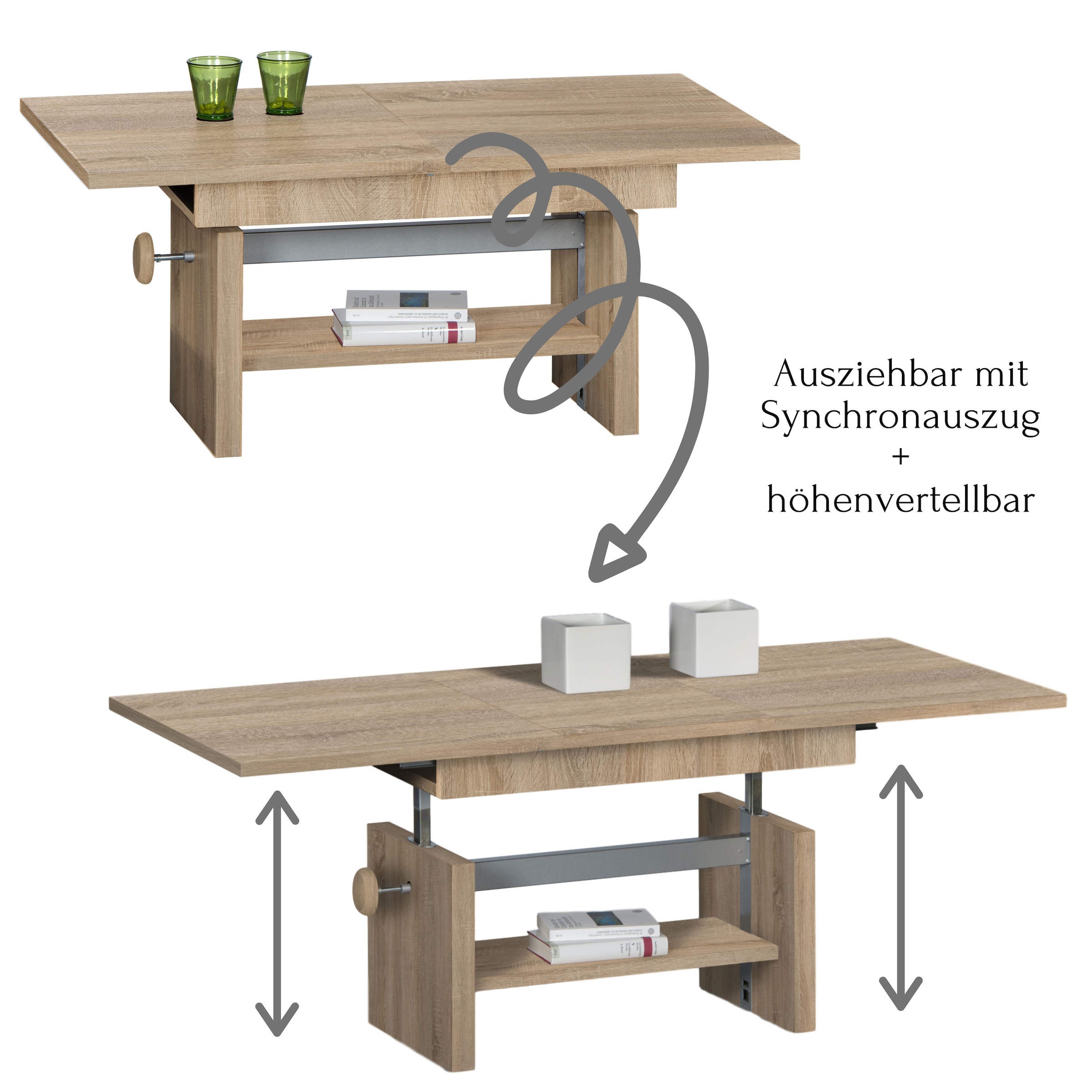 Stolkom Couchtisch »Event höhenverstellbar, ausziehbar, BxHxT 110-150x48-63x65 cm«, Höhenverstellbar mit Liftmechanik und ausziehbar in 3 Farbausführungen