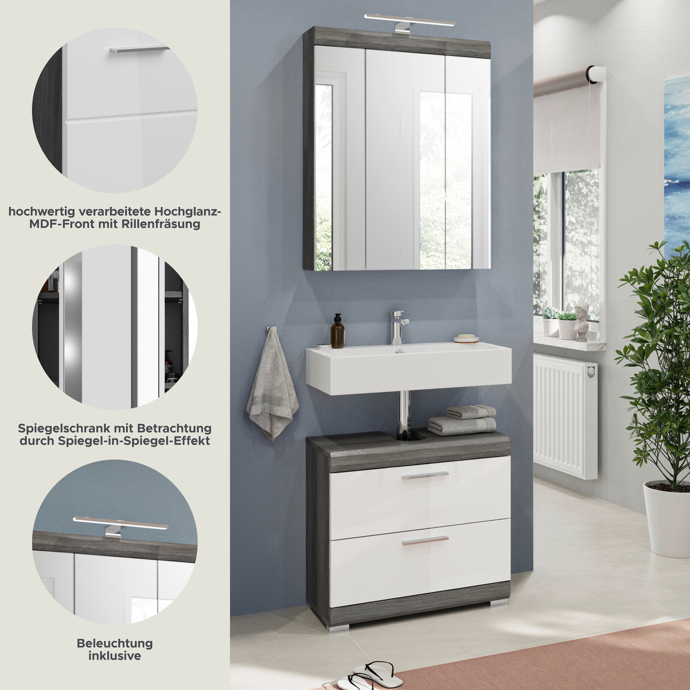 INOSIGN Badmöbel-Set »Siena, 2 teilig, inklusive LED Beleuchtung, bestehend aus:«, (Set, 2 St.), Waschbeckenunterschrank, Spiegelschrank, LED Badaufsatzleuchte