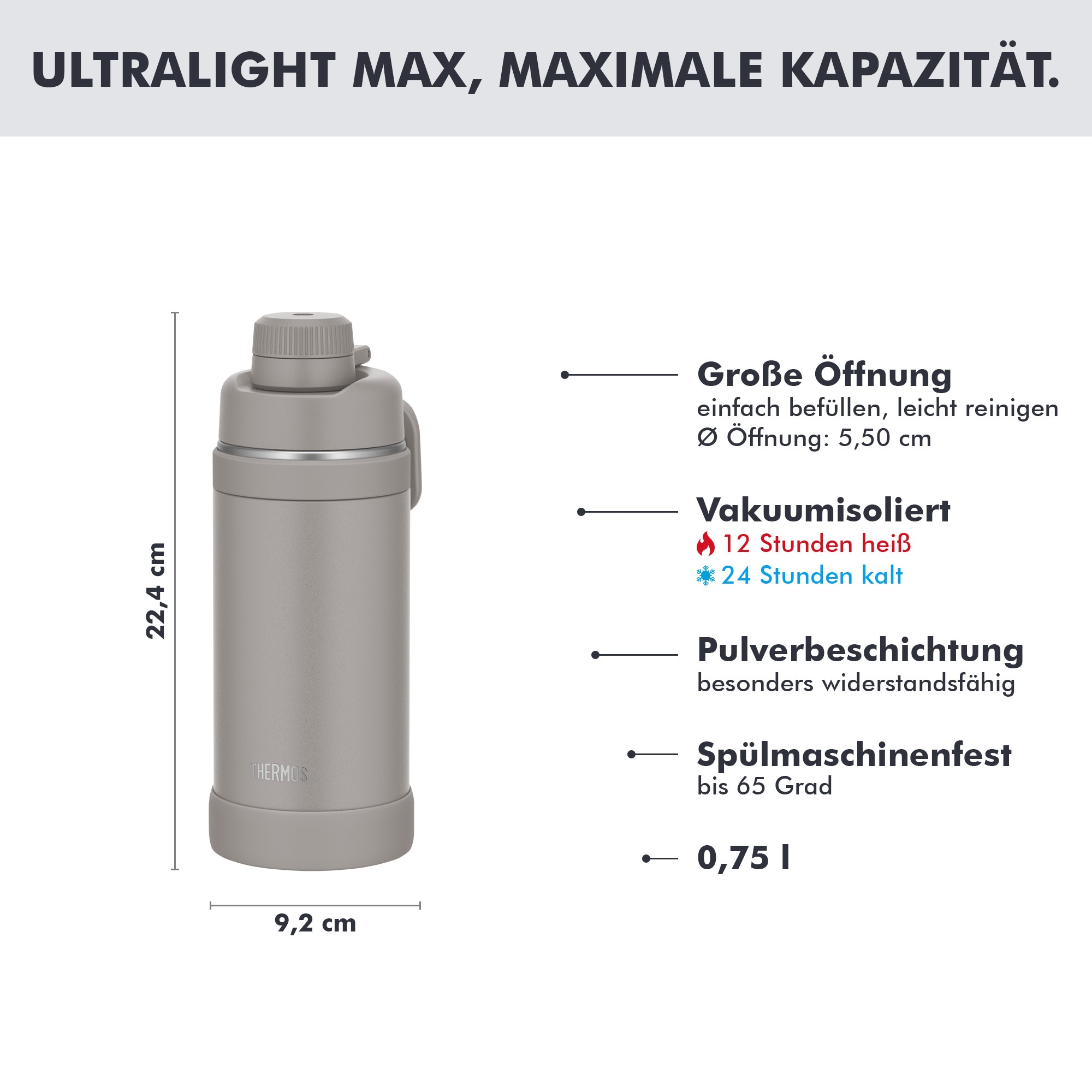 THERMOS Isolierflasche »ULTRALIGHT MAX BOTTLE, doppelwandiger Edelstahl, spülmaschinenfest« 0,75 l, 24h kalt & 12h heiß, mit Tragegriff und Trinköffnung