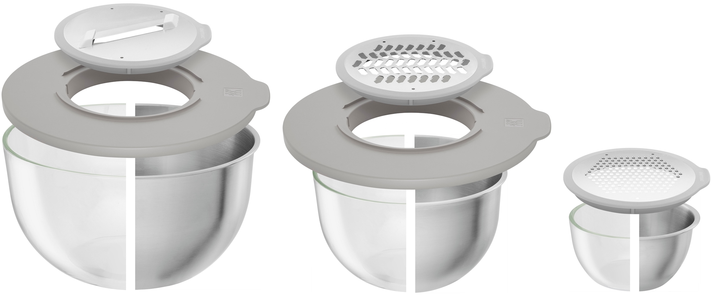 Zwilling Schüssel »Fresh & Save BOWLS - Zubehör-Set, Accessoire-Set, 5-teilig«, 5 tlg., aus Kunststoff, Spritzschutz, 3 Reibeaufsätze, backofenfeste Anti-Rutsch-Silikonmatte